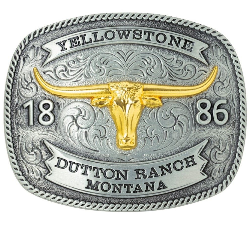 Stars & Stripes Gürtelschnalle GS612 Yellowstone 1886 Dutton Ranch Montana im Western-Stil mit goldfarbener Verzierung