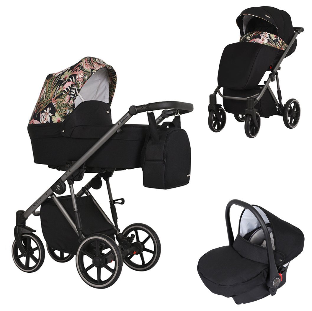 babies-on-wheels Kombi-Kinderwagen Molto 3 in 1 inkl. Autositz - 13 Teile - von Geburt bis 4 Jahre Schwarz-Dekor = graues Gestell