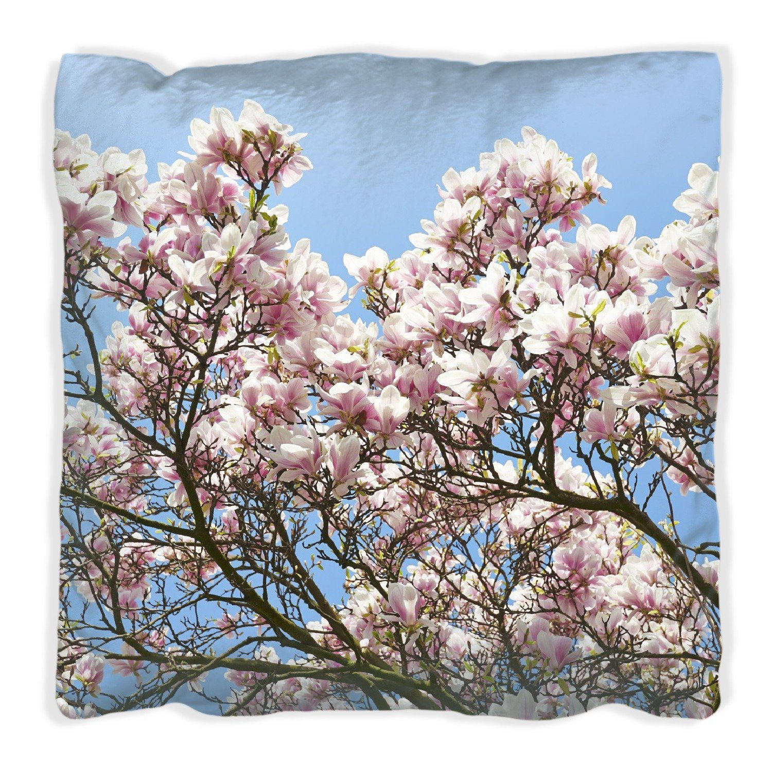 Nur für begrenzte Zeit Wallario Dekokissen Schöne rosa Magnolien-Blüten Himmel, vor handgenäht blauem