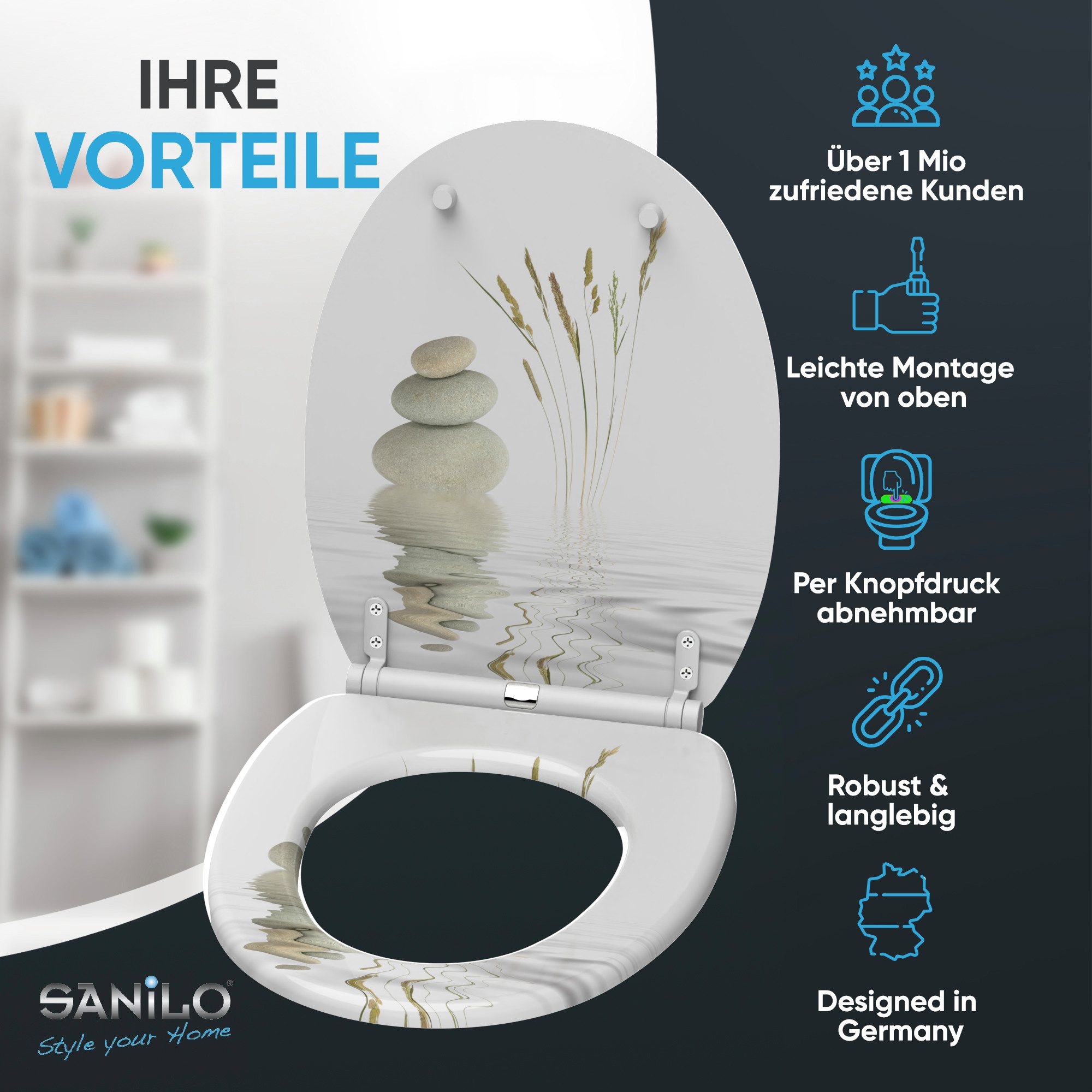 Sanilo WC-Sitz mit Absenkautomatik, viele Toilettendeckel direkt vom Hersteller, hochwertig & modern, universell, leichte Montage