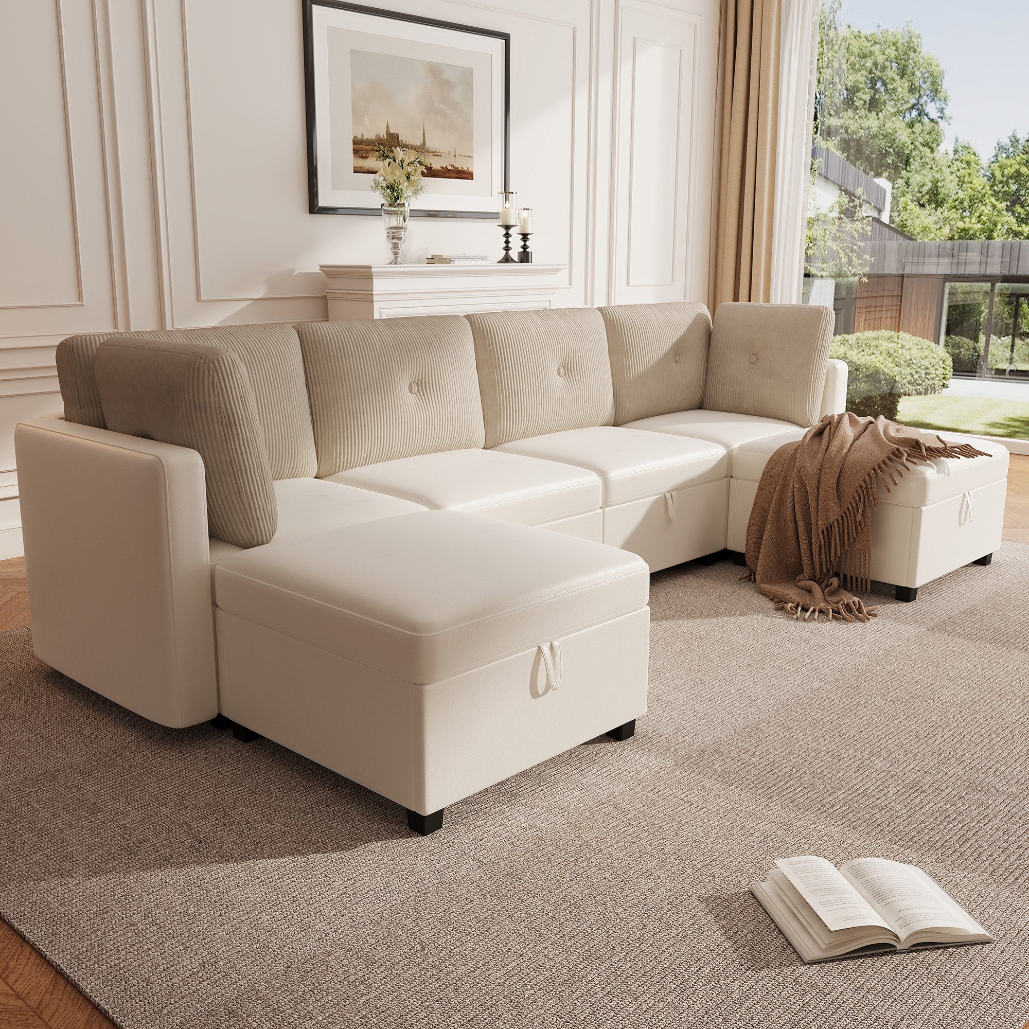 Odikalo Sofa Ecksofa Modulares Sofa mit Schlaffunktion, U-Form, 6-moduliges, modulares U-förmiges Sofa mit Stauraum, verwandelbar in L-förmiges Sofa/Liegebett/Einzelsessel, Samt + Cord im Kontrastdesign, hochdichter Schaumstoff