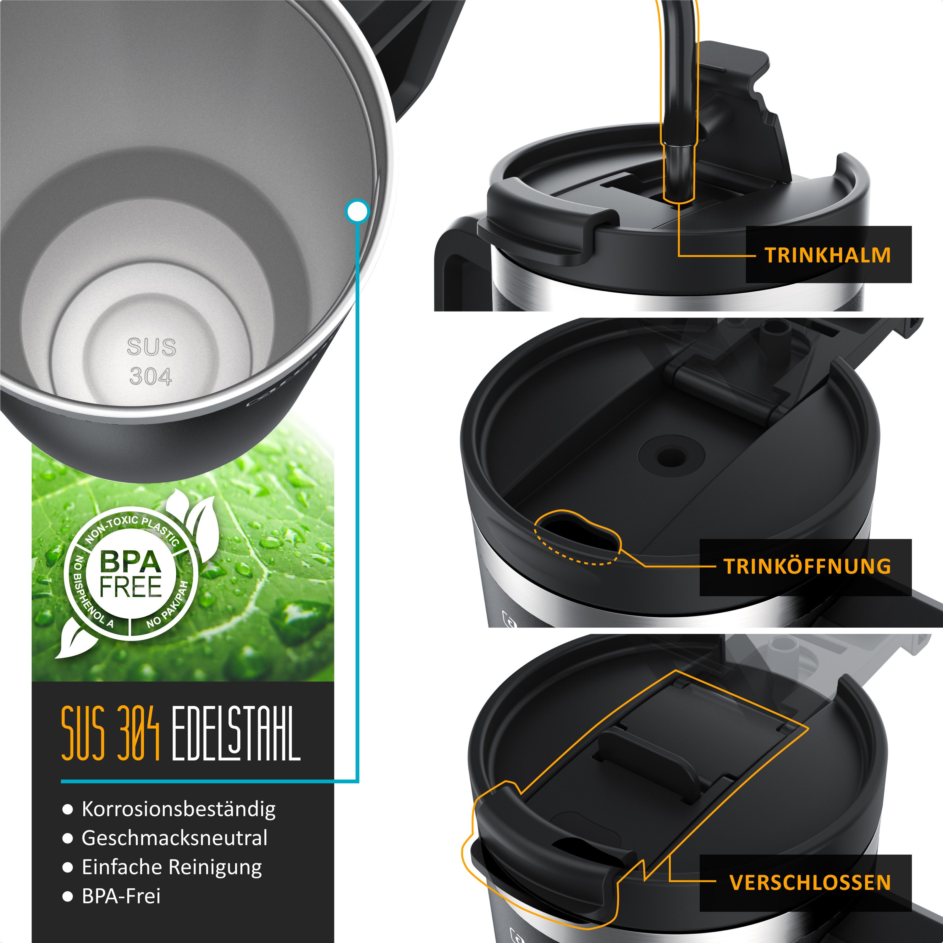 Arendo Thermobecher Thermal Mug 1200 ml, Tumbler, Becher mit Deckel, Henkel und Strohhalm, 1-tlg., Edelstahl, doppelwandig, Vakuumgehäuse aus Edelstahl, luftdichter Verschluss