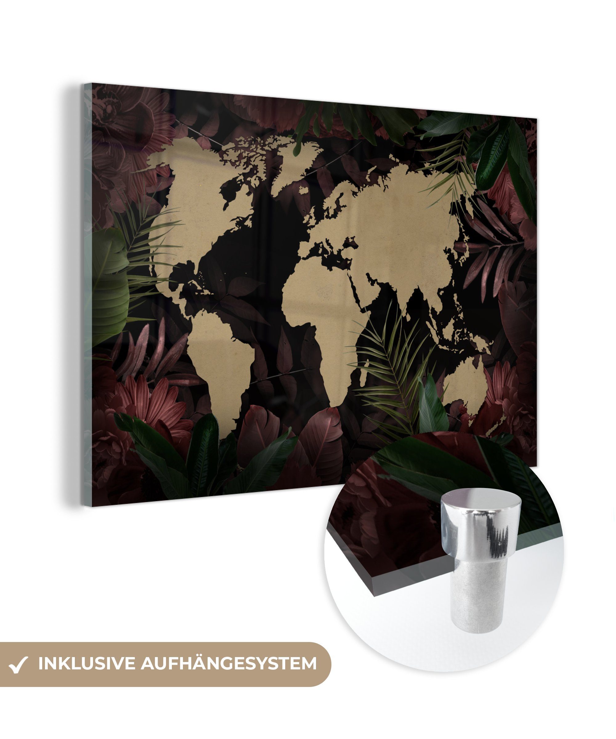 Foto Glas Weltkarte Glasbilder Wandbild Braun, - Acrylglasbild MuchoWow auf Tropische Wanddekoration (1 St), Glas Pflanzen Bilder - - - - auf