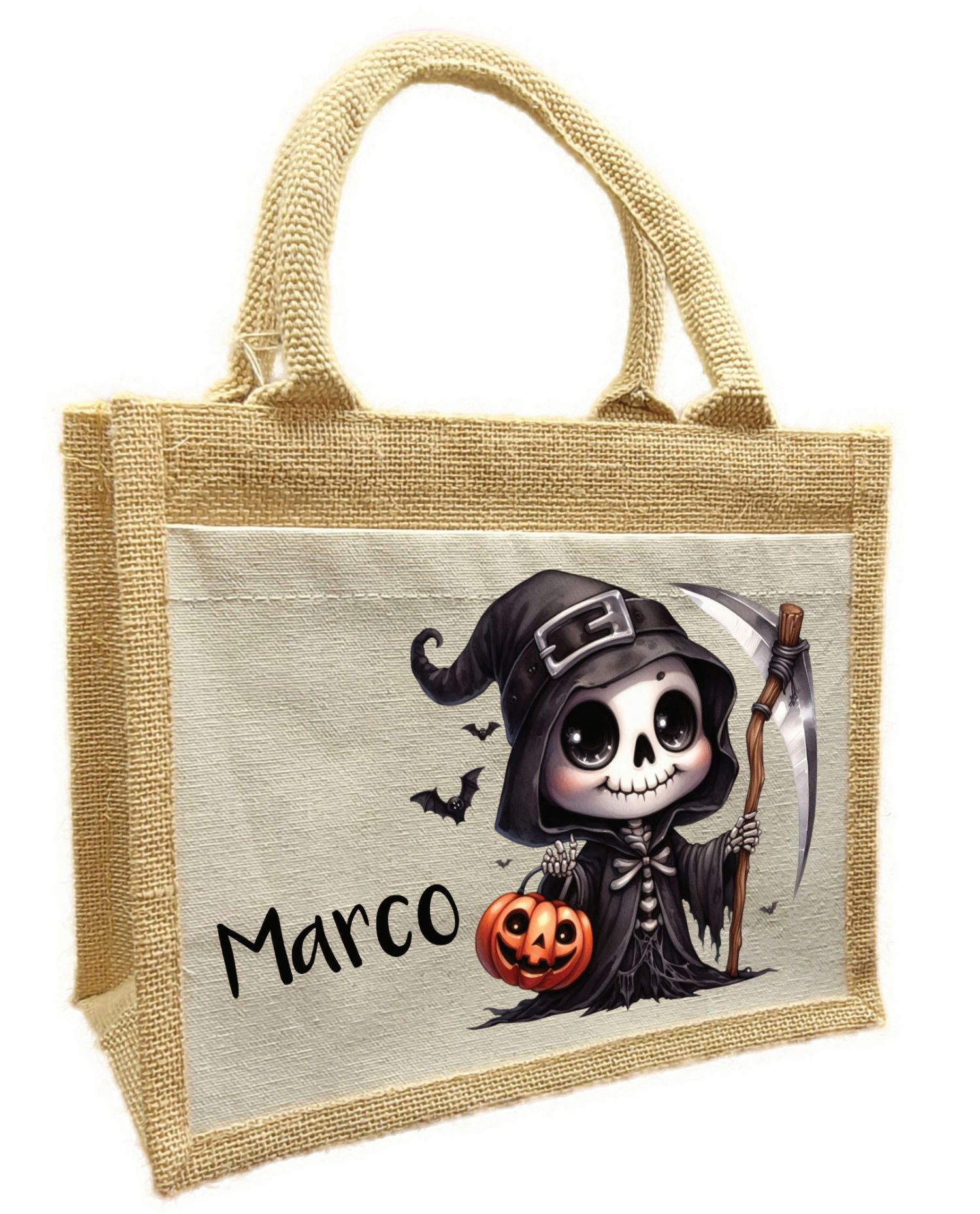 Korbtasche Halloween Tasche Sensenmann, Sammeltasche aus Jute, 26 x 35 x 14 cm