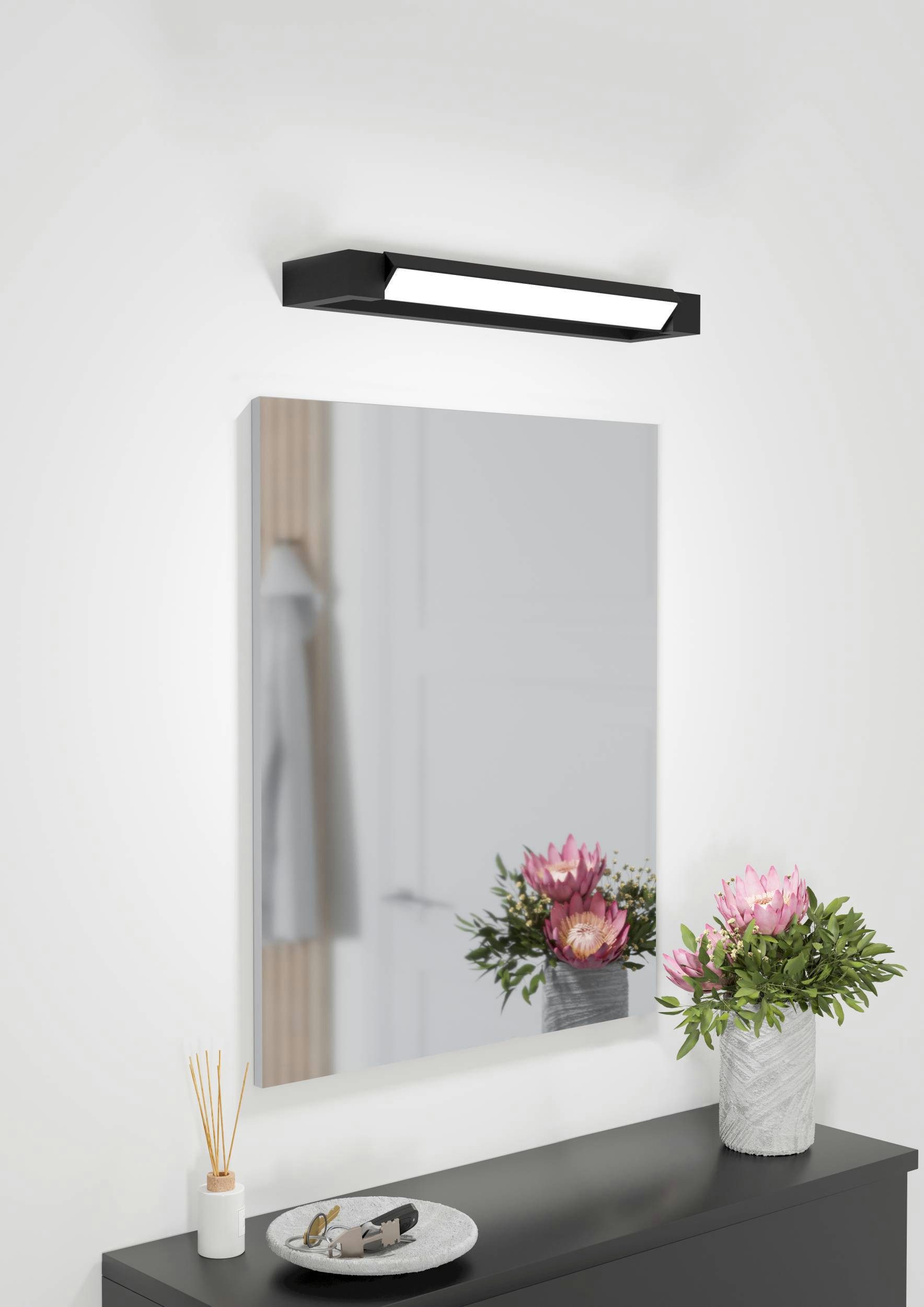 EGLO Spiegelleuchte Gemiliana Spiegellampe, Wandleuchte aus Metall, IP44, Badezimmerlampe, LED fest integriert, Neutralweiß, Wand-/Deckenleuchte - L45 x H4 x AL10 cm - schwarz - 8,9W inkl.