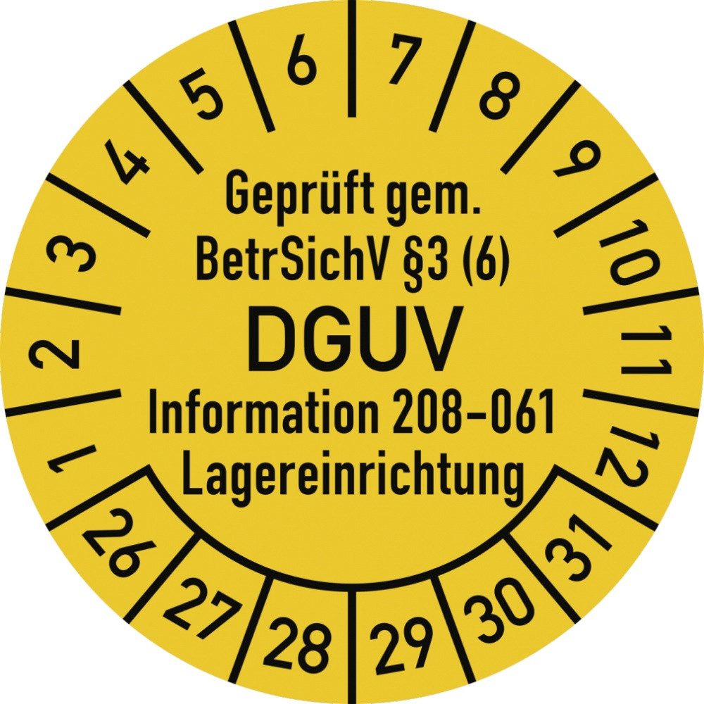 Hinweisschild Prüfplakette BetrSichV §3 DGUV 208-061, 2026-2031,Dokumentenf.,Ø 30mm