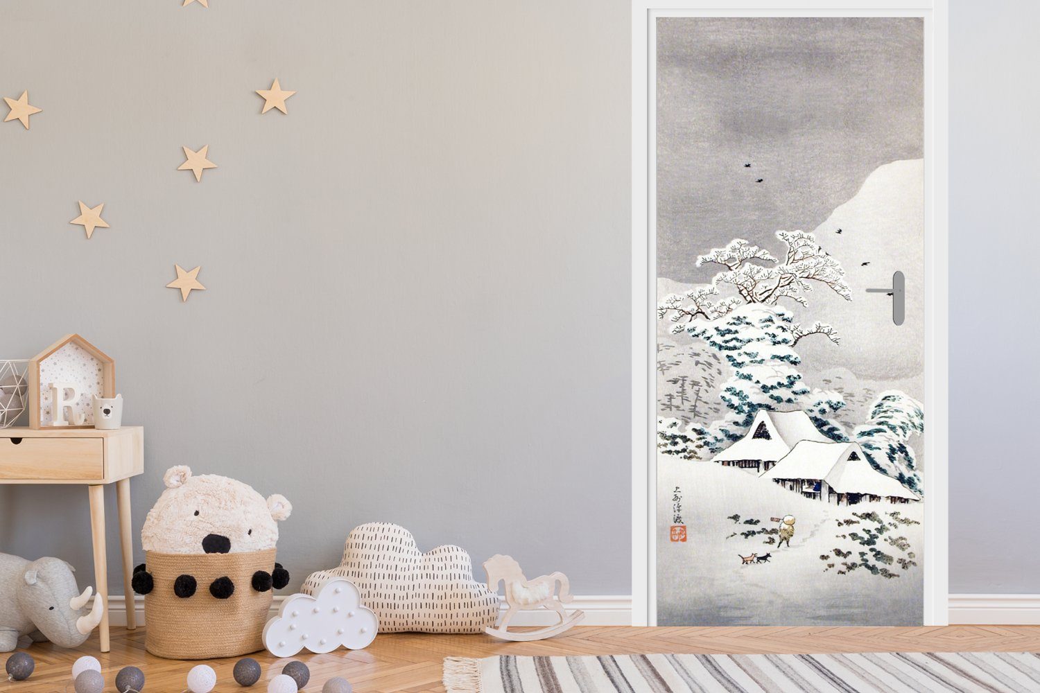 bedruckt, Türaufkleber, - 75x205 cm (1 Fototapete für Tür, Japan Türtapete Schnee, MuchoWow Matt, St), Malerei -