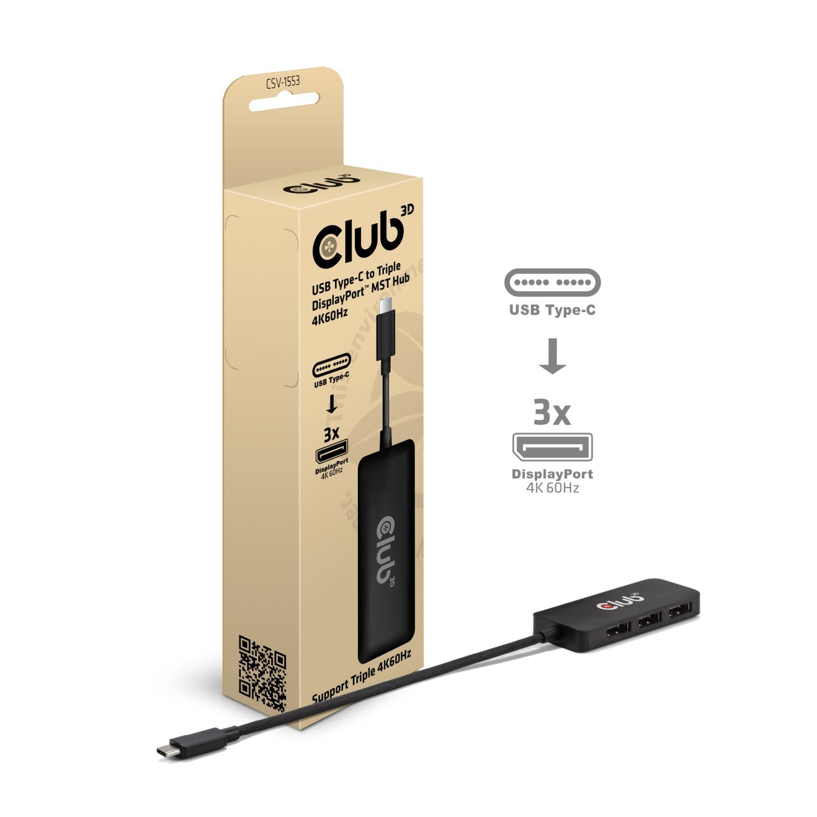 CLUB3D Laptop-Dockingstation CLUB3D USB-C® to Triple DisplayPort™ MST Hub 4K60Hz