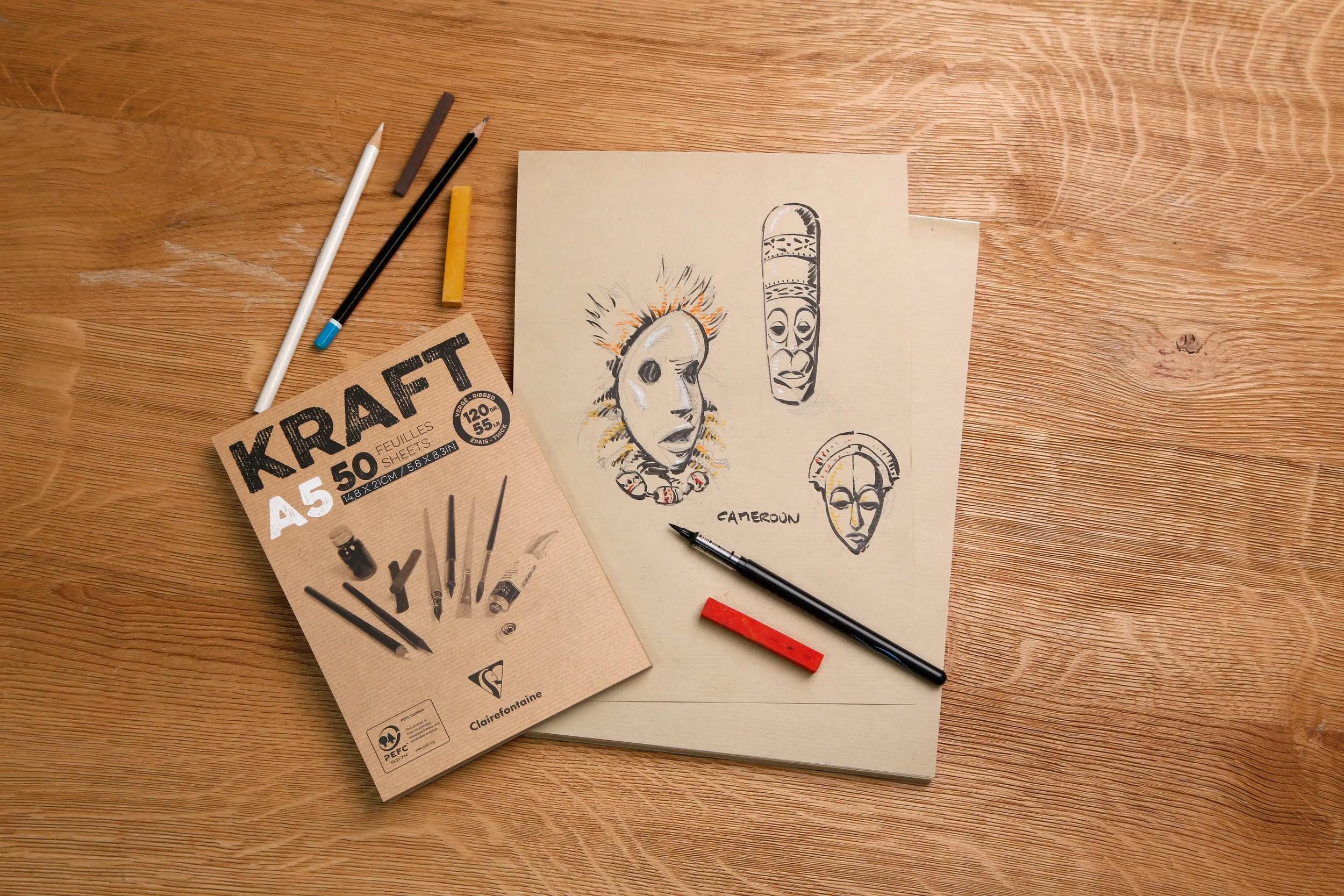 CLAIREFONTAINE Zeichenpapier 5x Block Kraftpapier, geleimt, 100 Blatt A5 90g 96544C, Kunst Clairefontaine