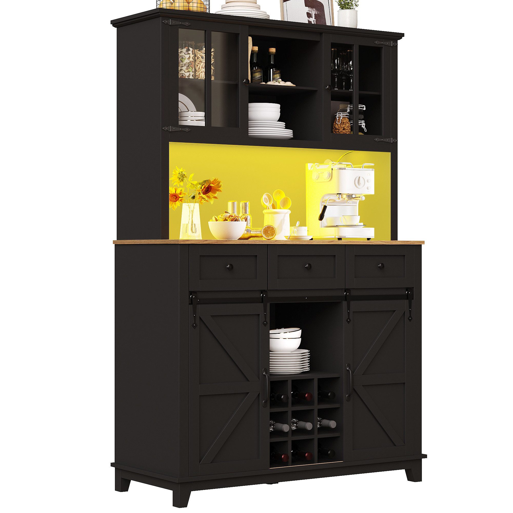 kowdom Küchenbuffet Hochschrank mit LED, App-Steuerung, Glastüren, 105x38x180 cm (Hochschrank, Einzelschrank mit LED-Beleuchtung) Hochschrank, LED-Beleuchtung, App-Steuerung, Glastüren, 180 cm