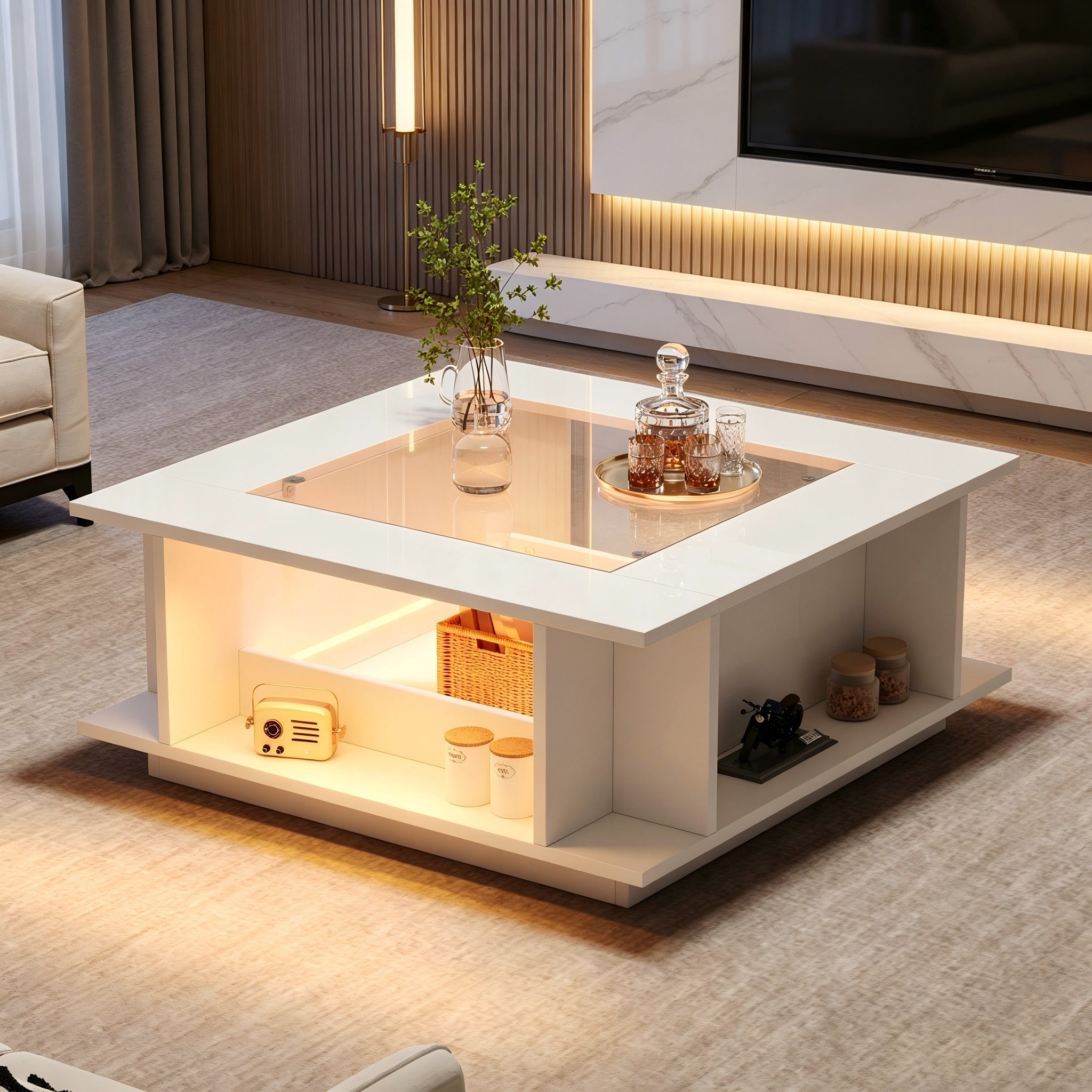 STILVORA Couchtisch in Weiß Wohnzimmersofa Sofatisch mit LED-Beleuchtung (Glasplatte, Hochglanzoberfläche, LED, 70×70×30cm, Weiß, Spanplatte, offene Fächer, Stauraum, belastbar bis 30kg), für Wohnzimmer, Lounge, Apartment, moderne Wohnbereiche