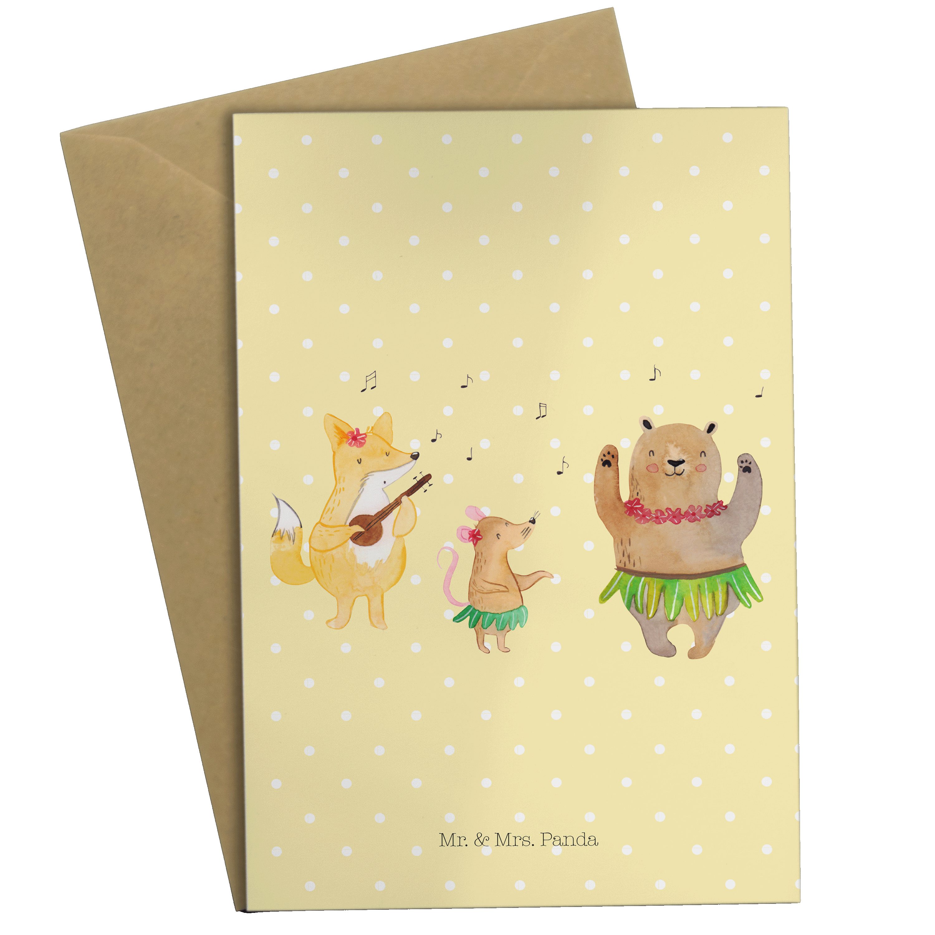 Mr. & Mrs. Panda Grußkarte Waldtiere Aloha - Gelb Pastell - Geschenk, Musik, Geburtstagskarte, G