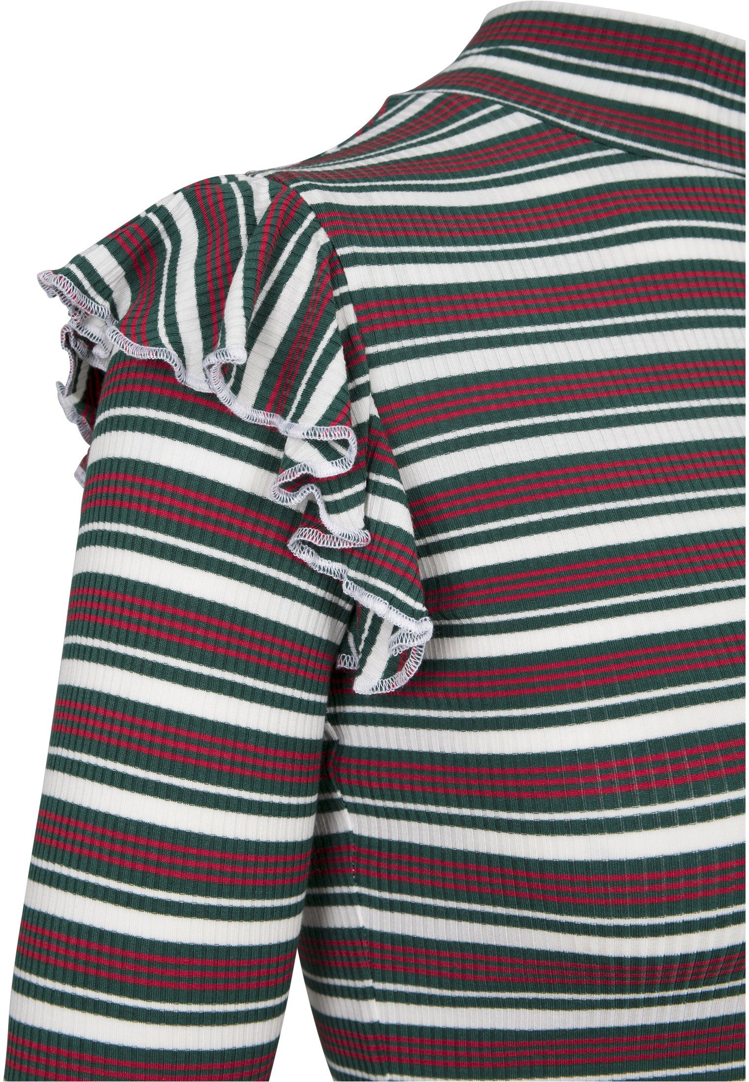 Rib Striped (1-tlg) Damen T-Shirt Turtleneck white/green/firered L/S Volant CLASSICS Ladies URBAN