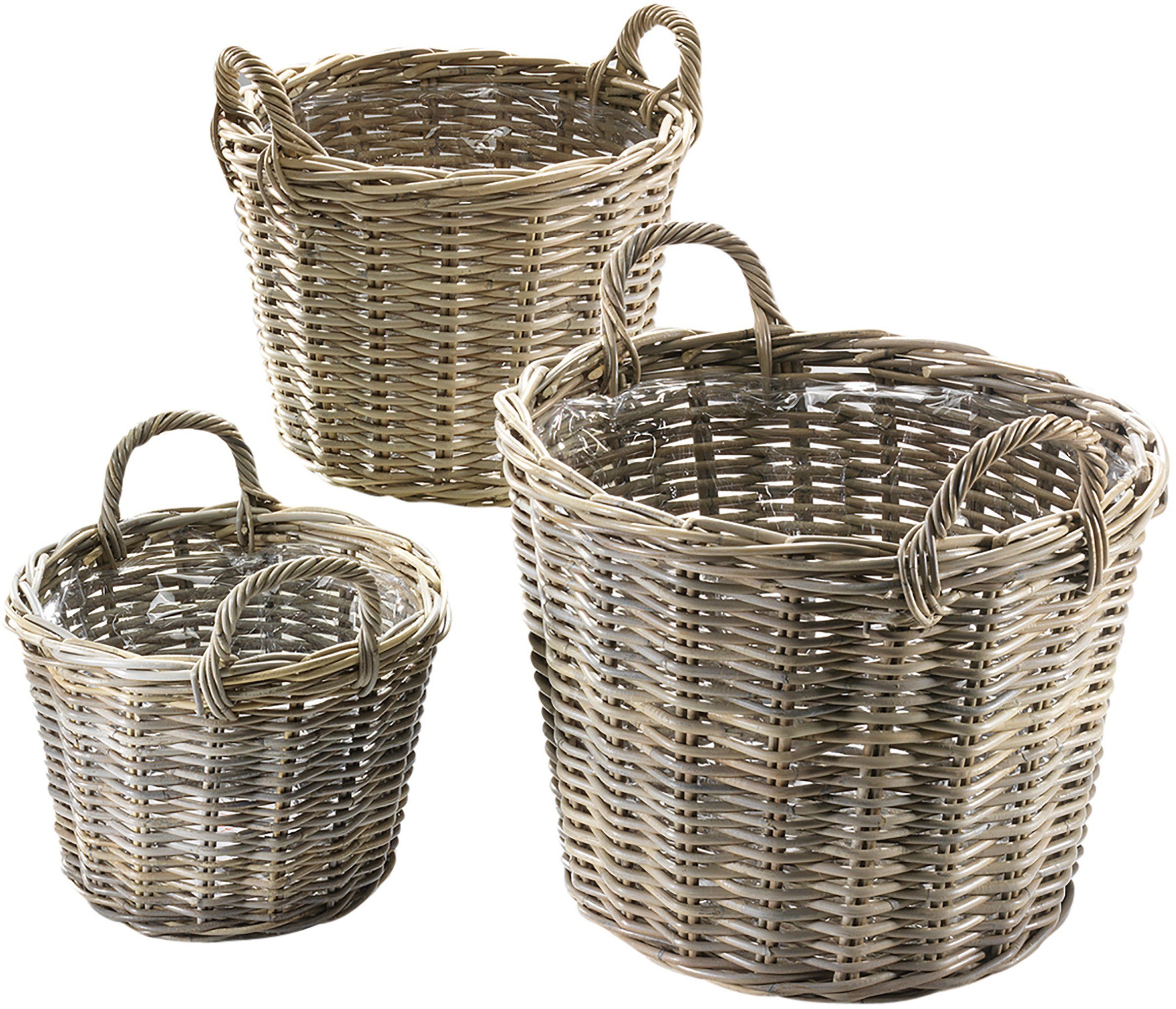 Pflanzkübel Korb rund Rattan grau mit Folie - Henkel 3-teilig
