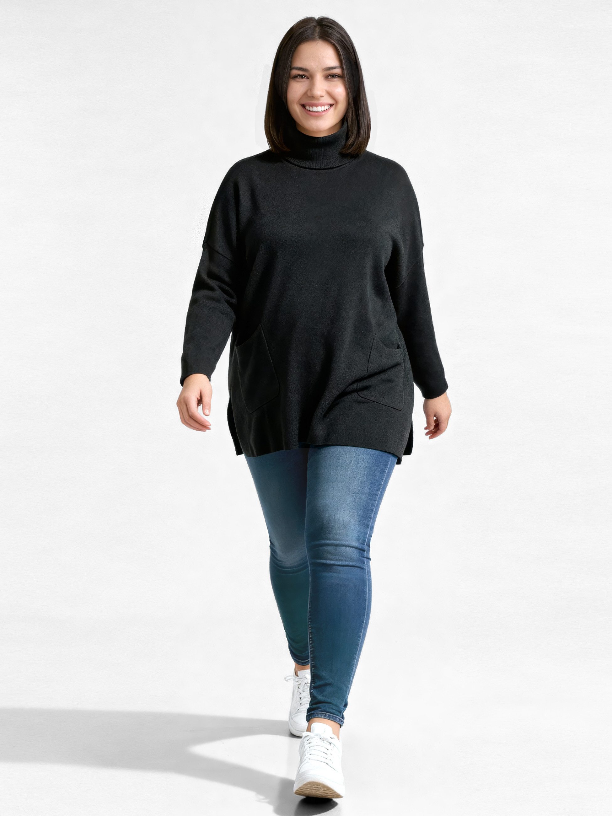 PEKIVESSA Longpullover Stricktunika mit Rollkragen Zwei aufgesetzte Taschen
