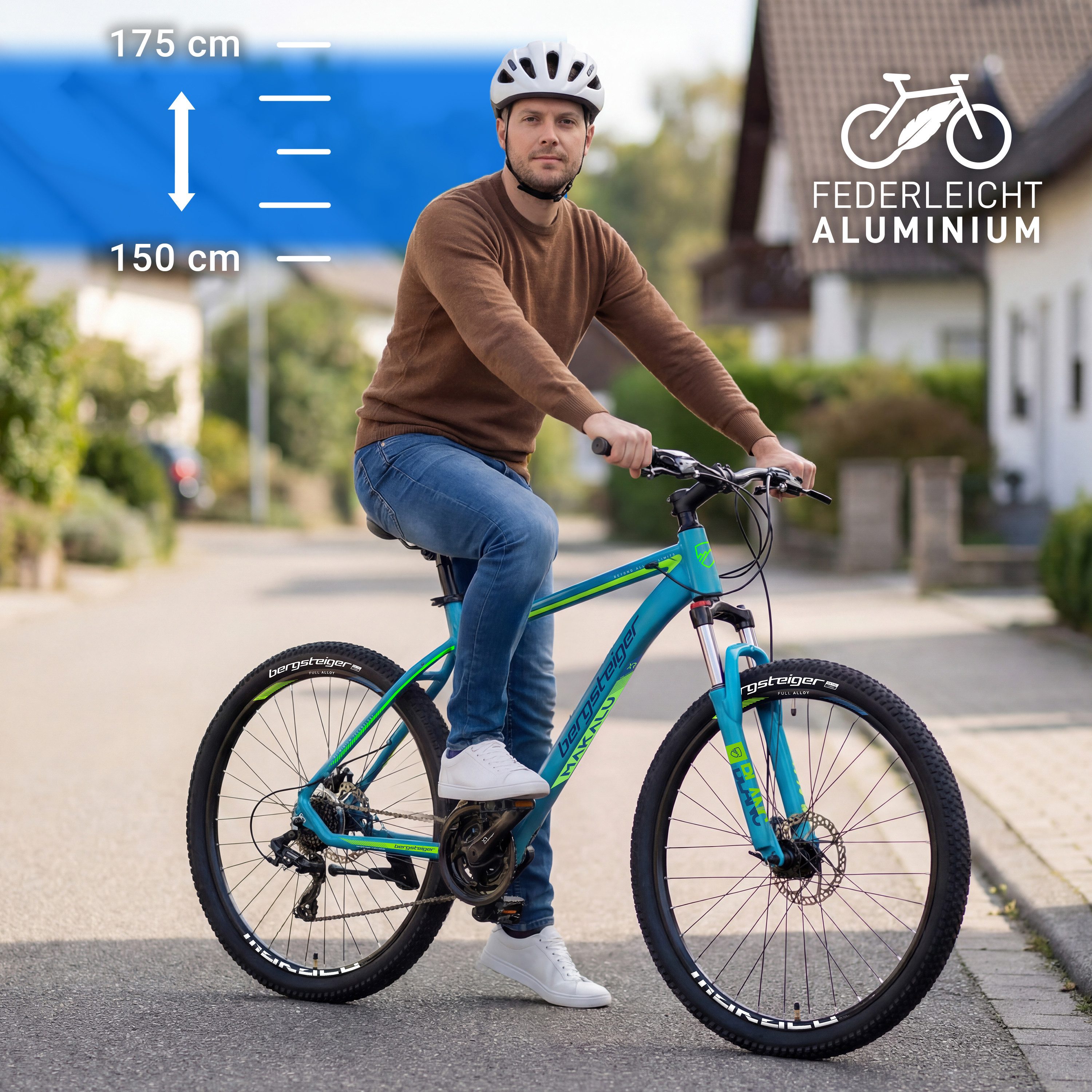 bergsteiger Mountainbike Makalu 26, 29 Zoll Mountainbike Alu, geeignet ab 150 cm, Damen, Herren, 21 Gang Shimano Tourney RD-TY300 Schaltwerk, Kettenschaltung, Scheibenbremsen