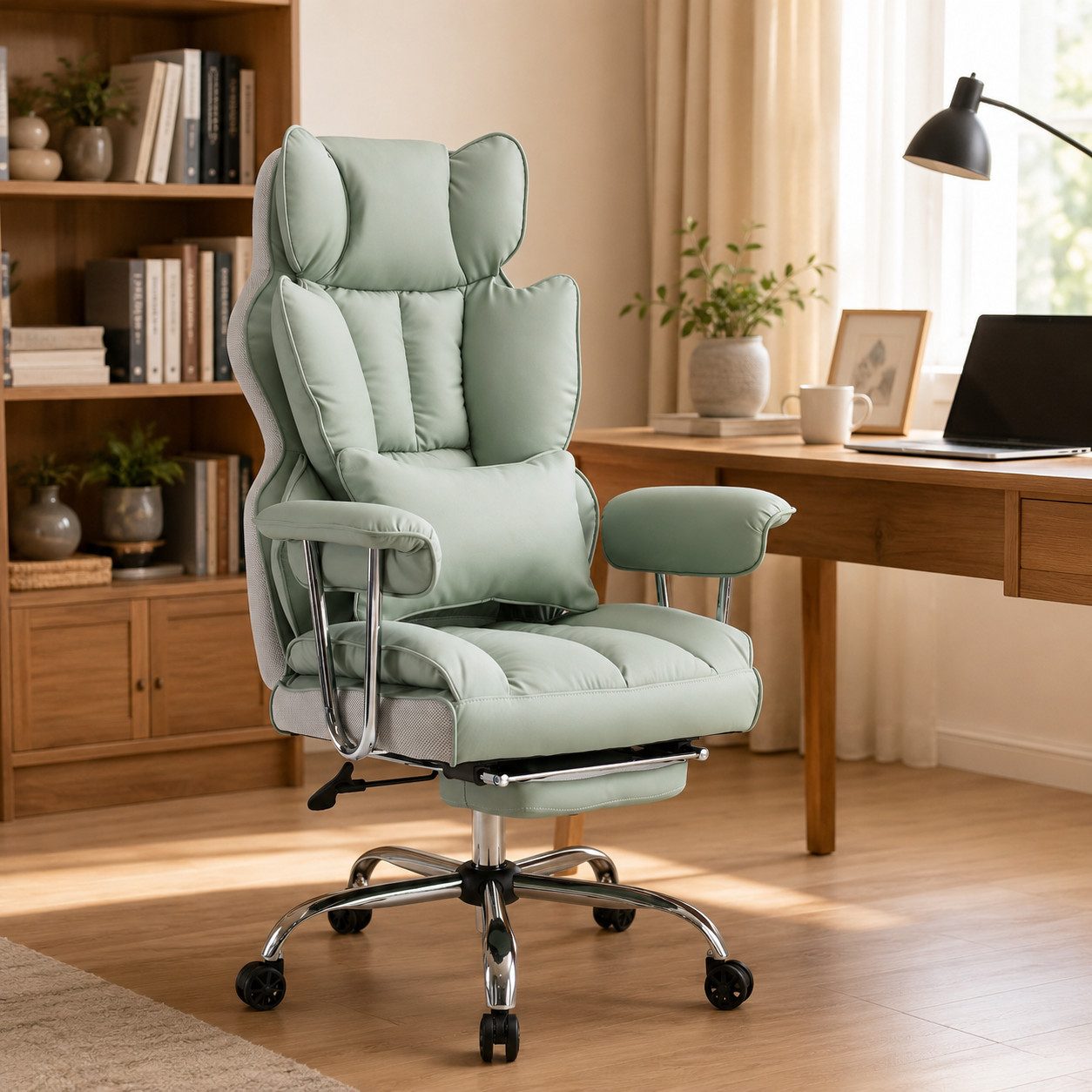 EFOMAO Chefsessel Ergonomischer Executive, PU-Kunstleder Bürodrehstuhl, Hochlehnen mit Fußstütze & Lordosenstütze