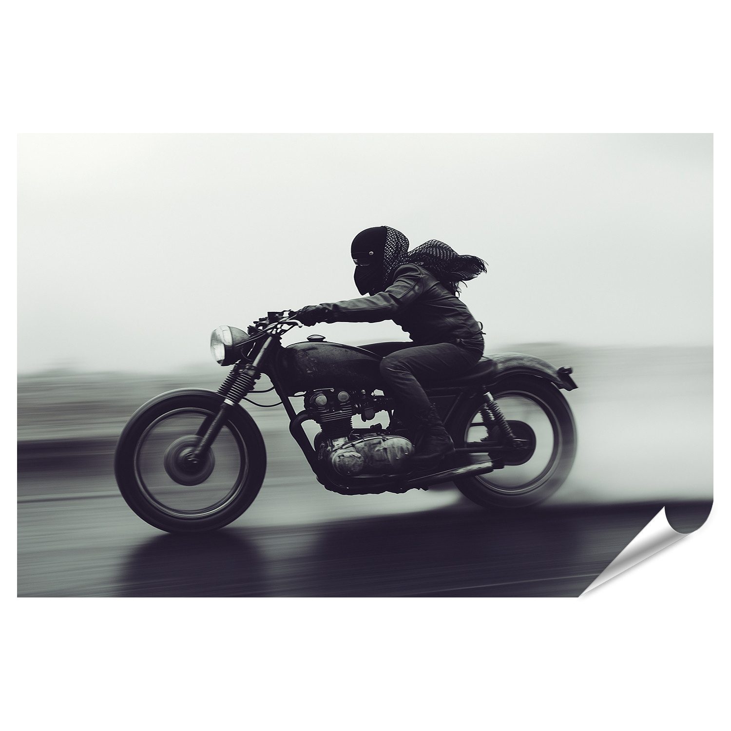 Poster Frau auf klassischem Motorrad in Bewegung