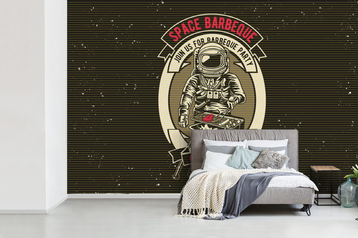 bedruckt, Schlafzimmer, Jahrgang (6 für Wallpaper Vinyl Tapete St), Wohnzimmer, Kinderzimmer, Matt, BBQ, MuchoWow - Astronaut Fototapete -