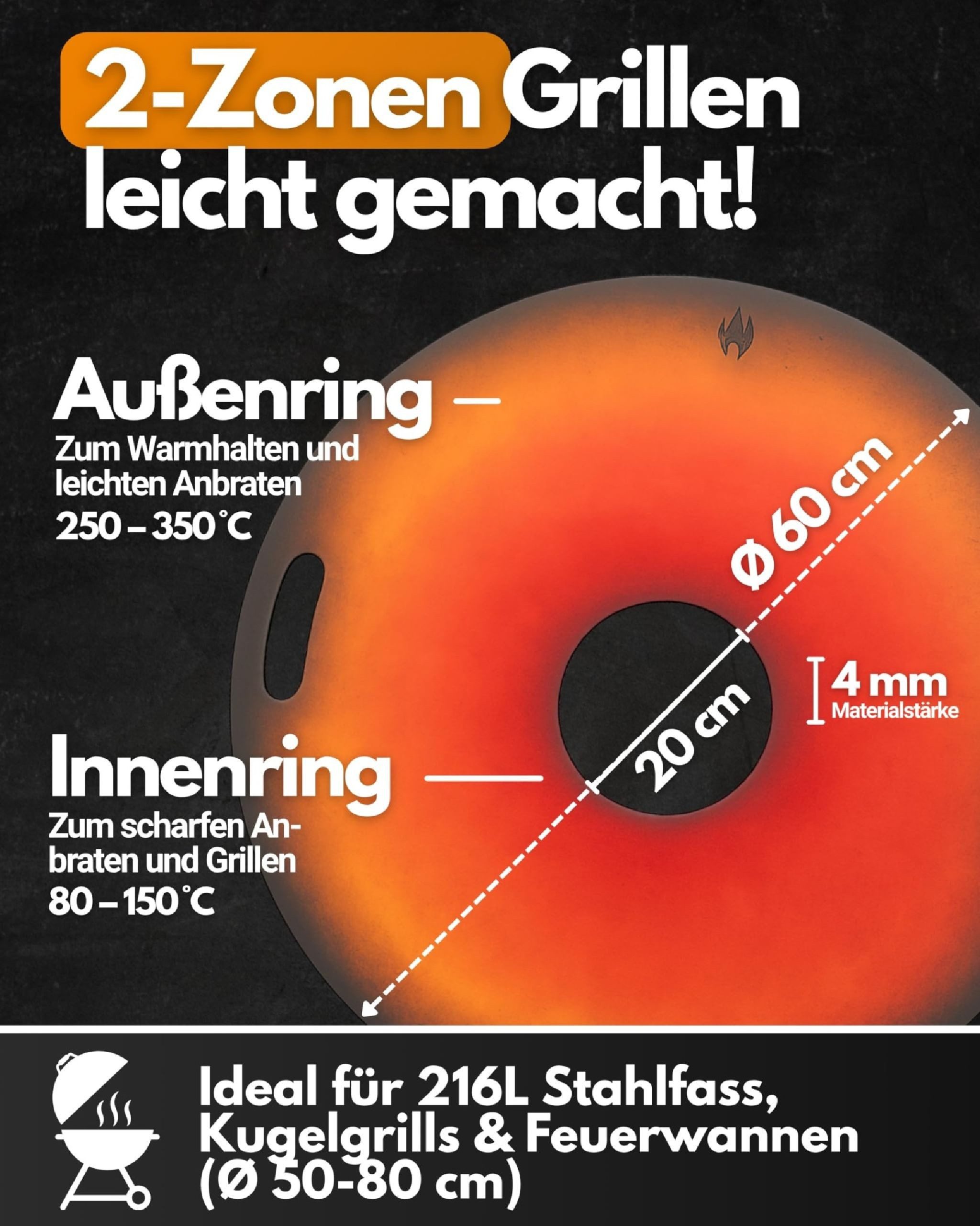 Feuerfest 123 GmbH Grillplatte Feuerplatte Grillplatte mit integriertem Rost Ø 60 cm Design 3