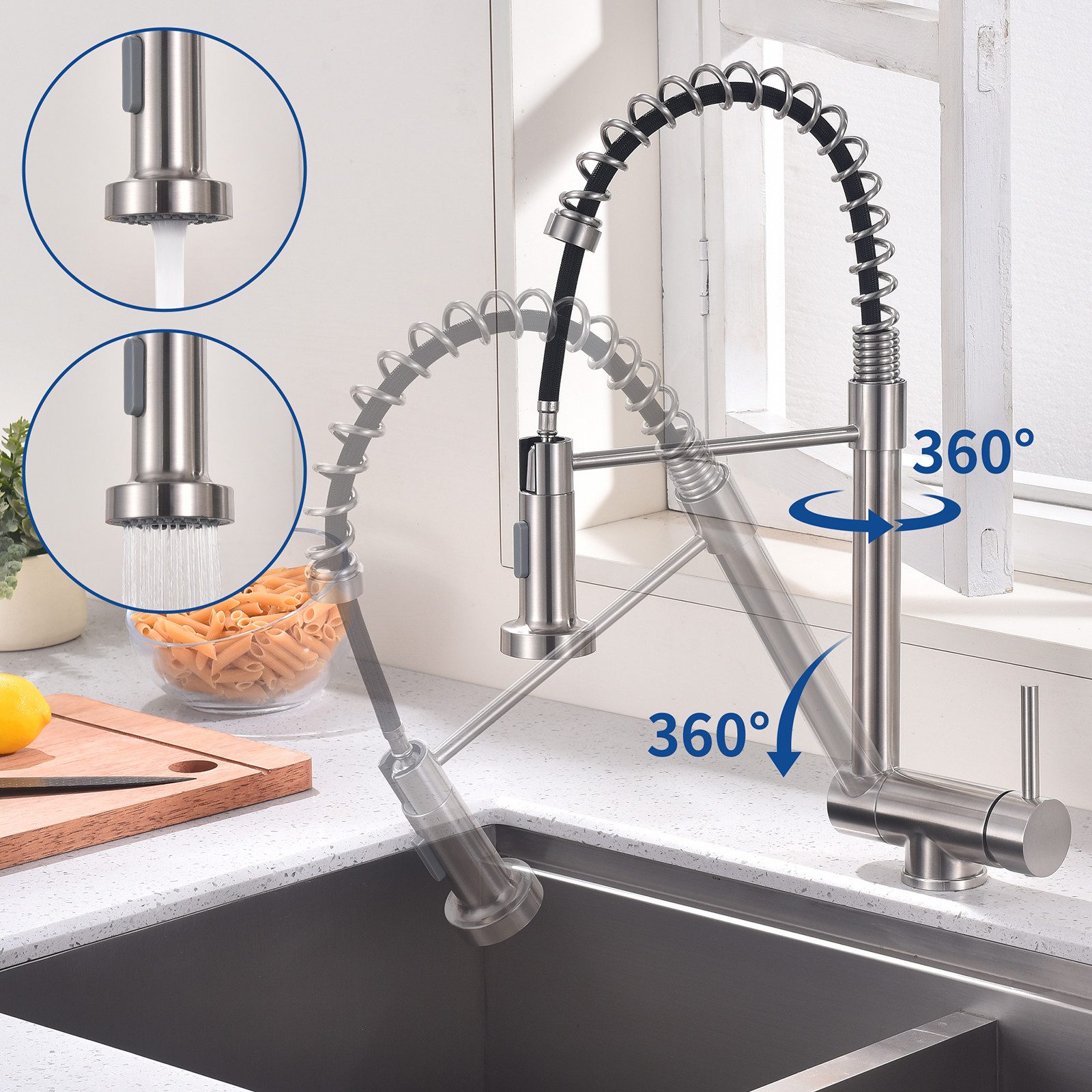 Thumbnail - HOMELODY Küchenarmatur Vorfenster Wasserhahn, 360° Drehbare, Unterfenster Klappbar 180° (Mischbatterie bad) Spültischarm...