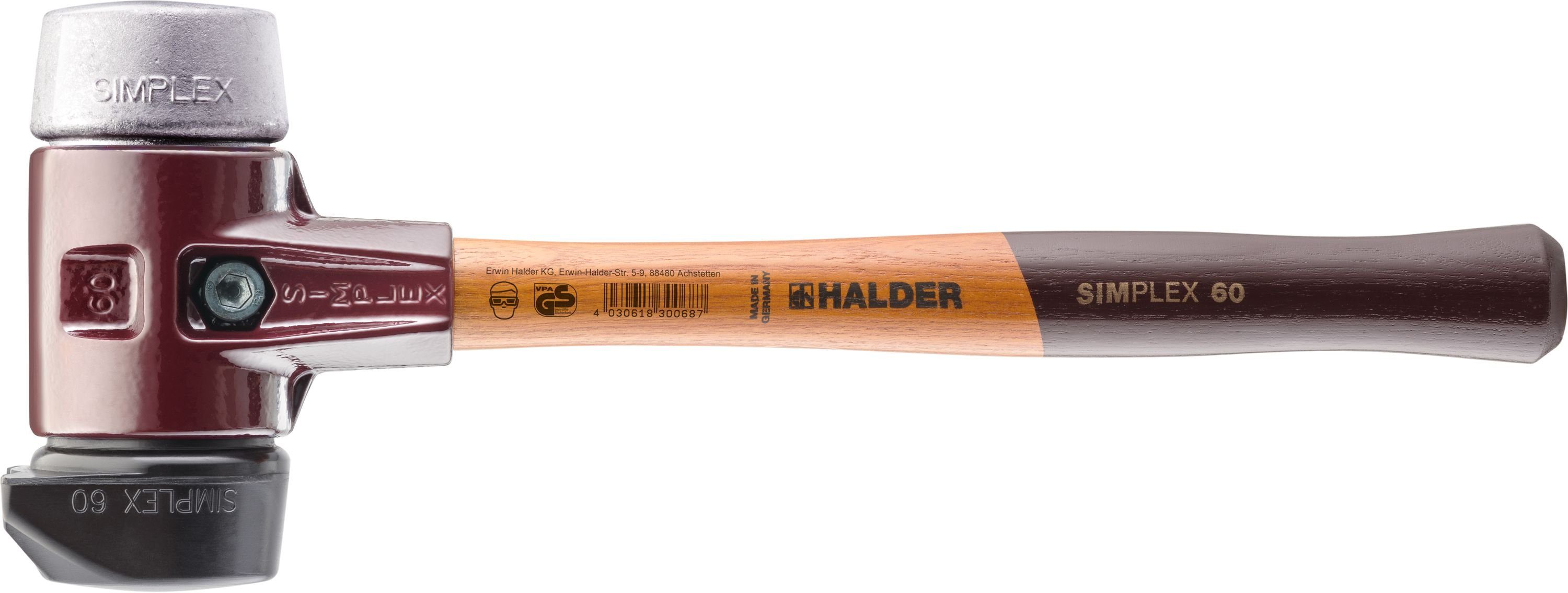 Halder KG Hammer Halder Simplex-Schonhammer 60mm mit Standfuß und 2 Schlageinsätzen Gummi mittelhart & Weichmetall hart - 3029.260