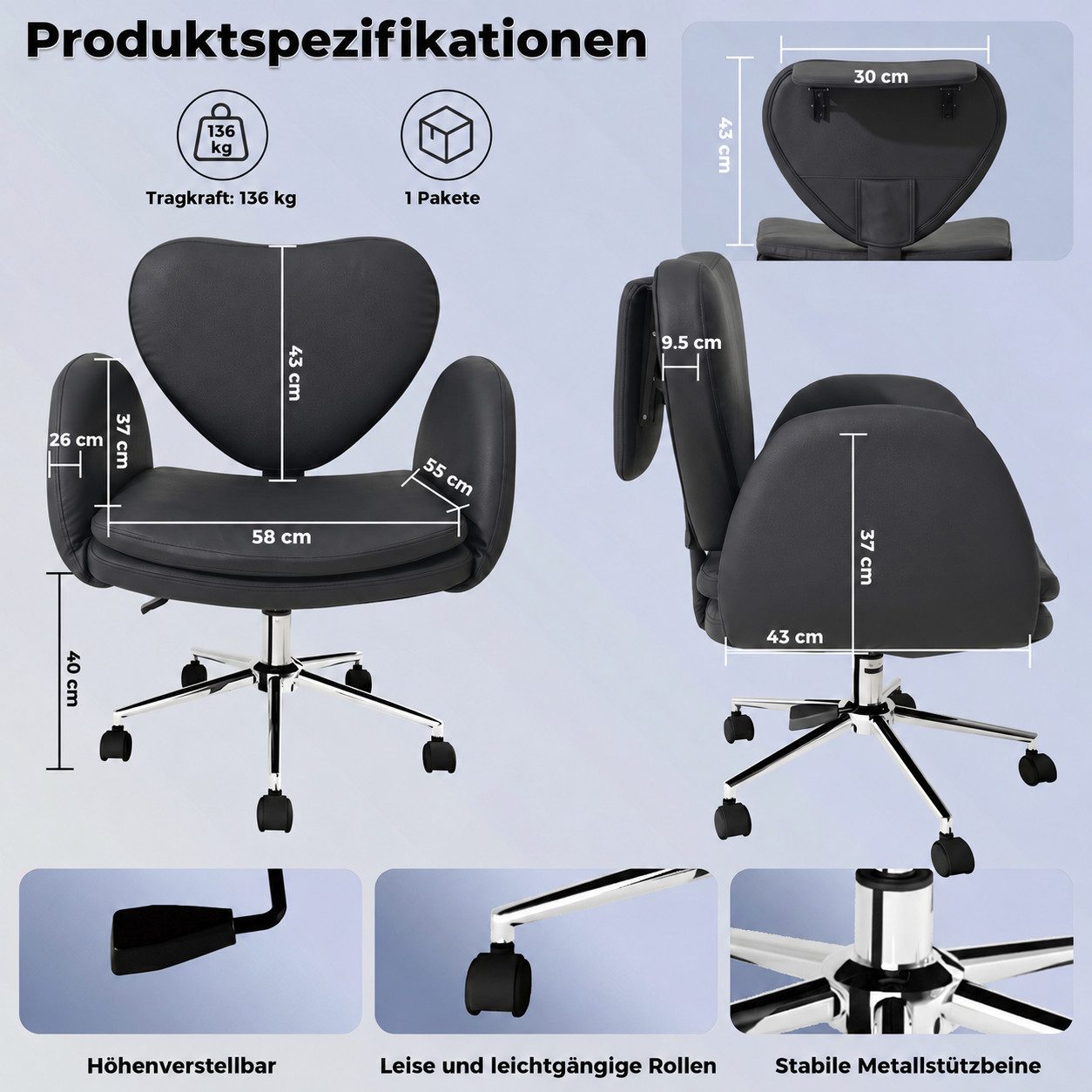 Patbrela Drehstuhl Bürostuhl Chefsessel Ergonomisch mit klappbaren Armlehnen, drehbar, mit klappbarer Tischplatte für Laptop und Rollen – Bild 4 von 5
