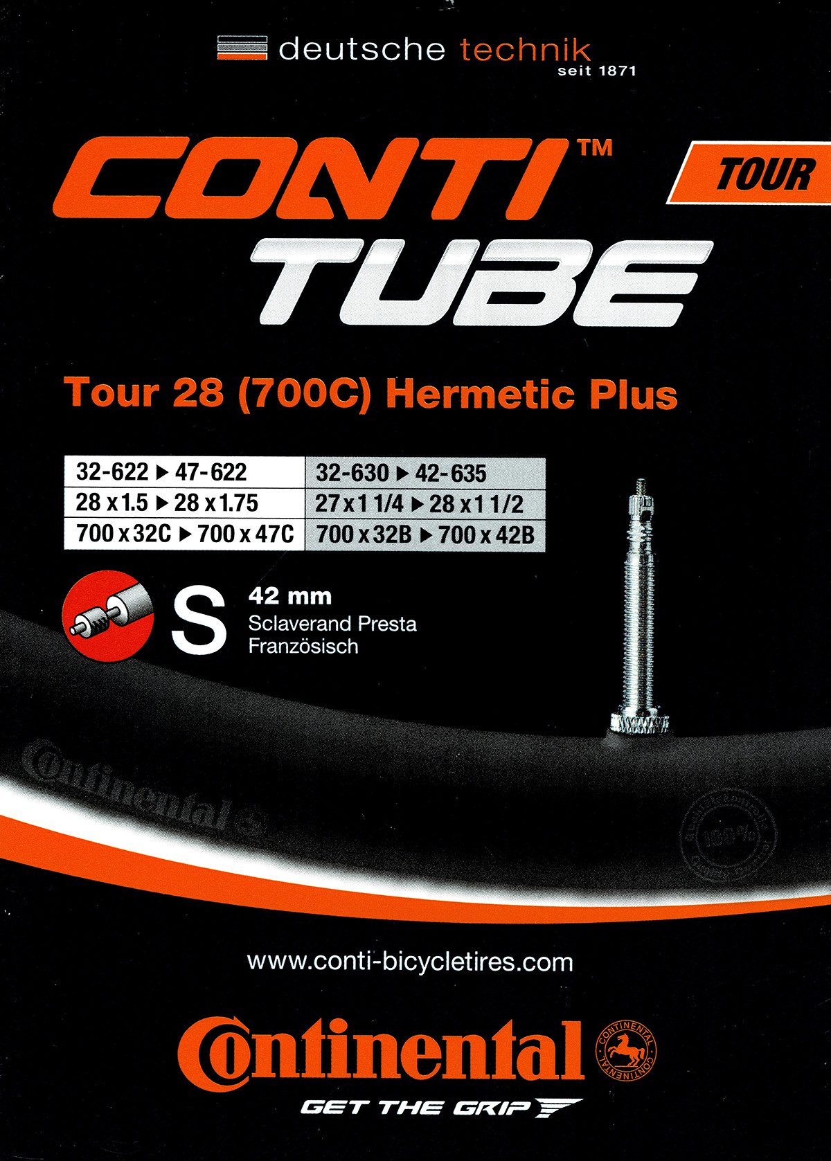 CONTINENTAL Fahrradschlauch Continental Tour 28 Hermetic Plus 28 Zoll SV (32/47-622) SV 42mm, 1,50, 1,75, 1,40, 1,60, 2 1/4, 1,25, 1,35