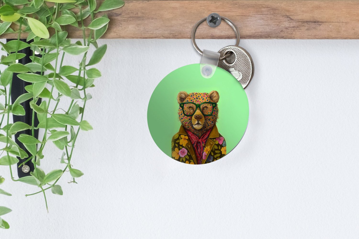 MuchoWow Schlüsselanhänger Bär - Farben - Brillen - Tier - Blumen, Rund, Geschenk für Damen / Herren / Kinder mit Schlüsselring, 5x5 cm