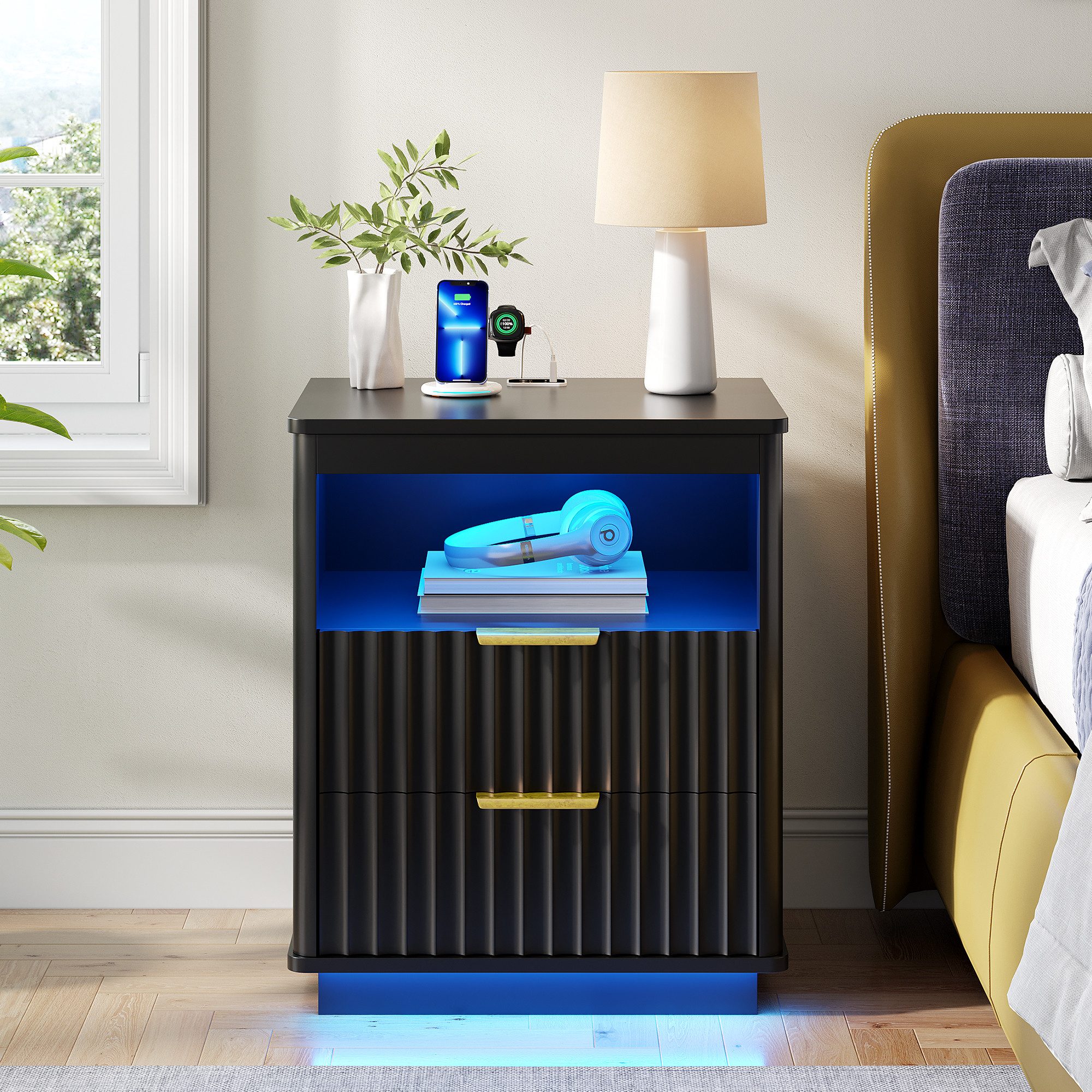 LVSOMT Nachttisch LED Nachttisch für Schlafzimmer mit Ladefunktion und 2 Sc günstig online kaufen
