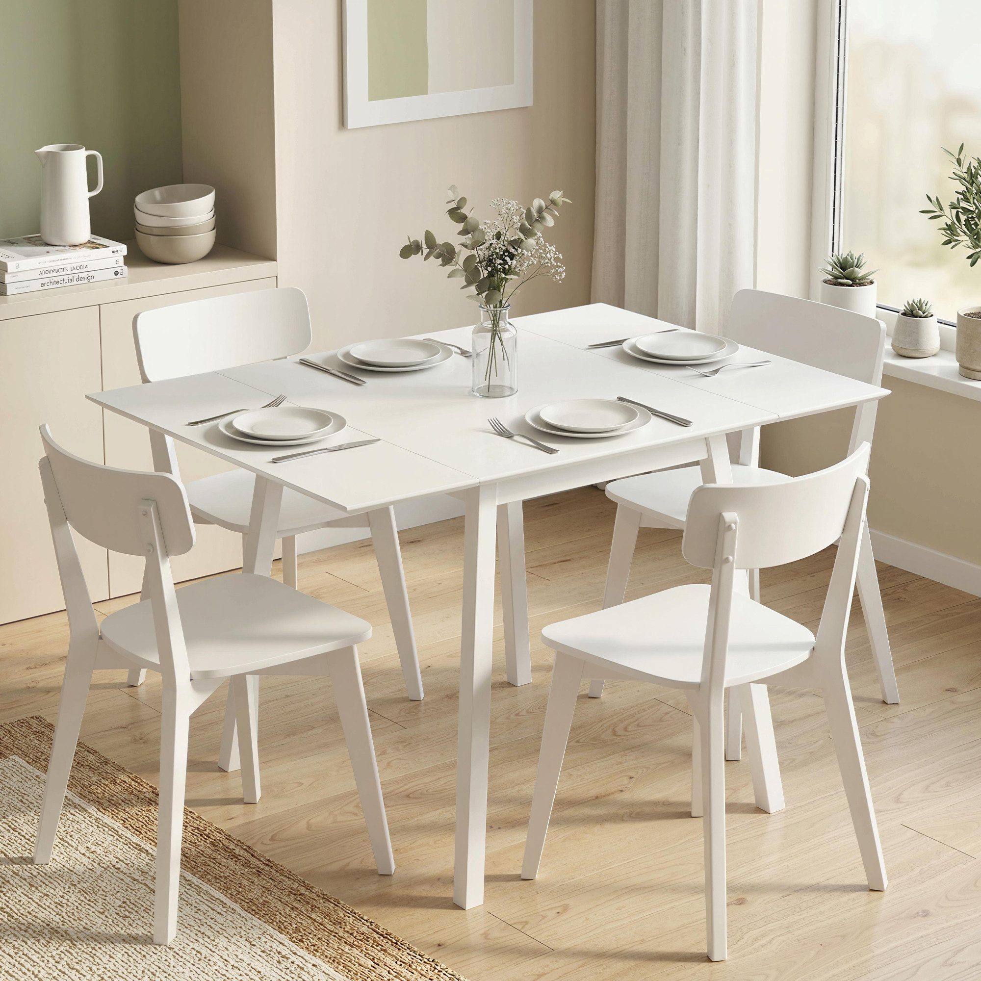 HOMCOM Klapptisch Esszimmertisch mit 2 aufklappbare Flächen, Holztisch (Küchentisch, 1-St., Esstisch), für Esszimmer, Küche, Weiß