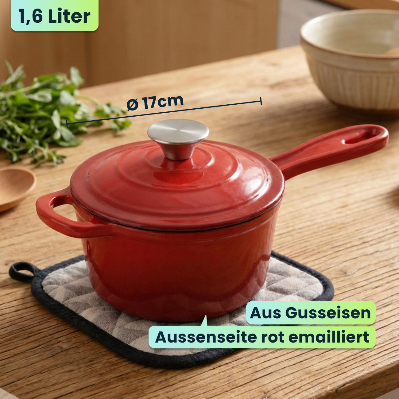 Casativo Kasserolle Gusseisen Stielkasserolle mit Deckel Rot, Ø 17cm, 1,6 L, Saucentopf für alle Herdarten & Induktion