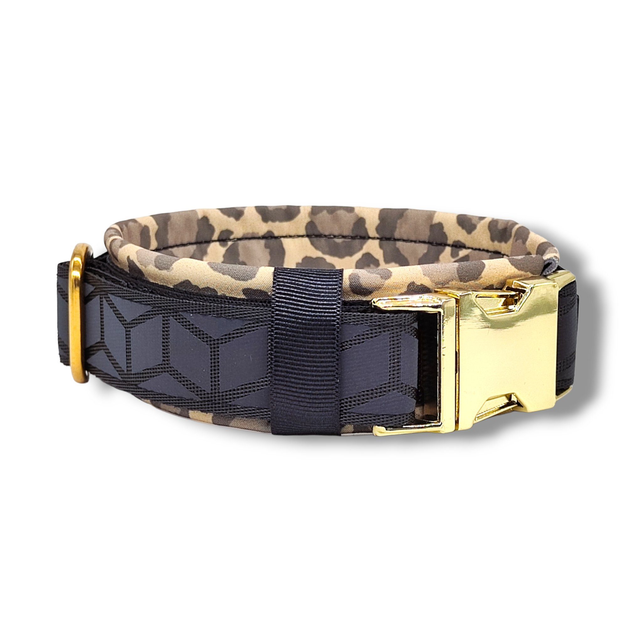 D by E Couture Hunde-Halsband "Golden Leopard II", reflektierend, gepolstert, verstellbar, 30mm breit, Handmade