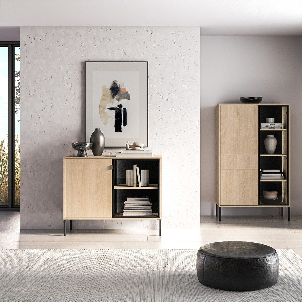 Lomadox Wohnzimmer-Set BANSIN-131, (Mega-Spar-Set, 2-St., Kommode), in Eiche, grifflos, Türen mit Softclose-Funktion, Glasfront