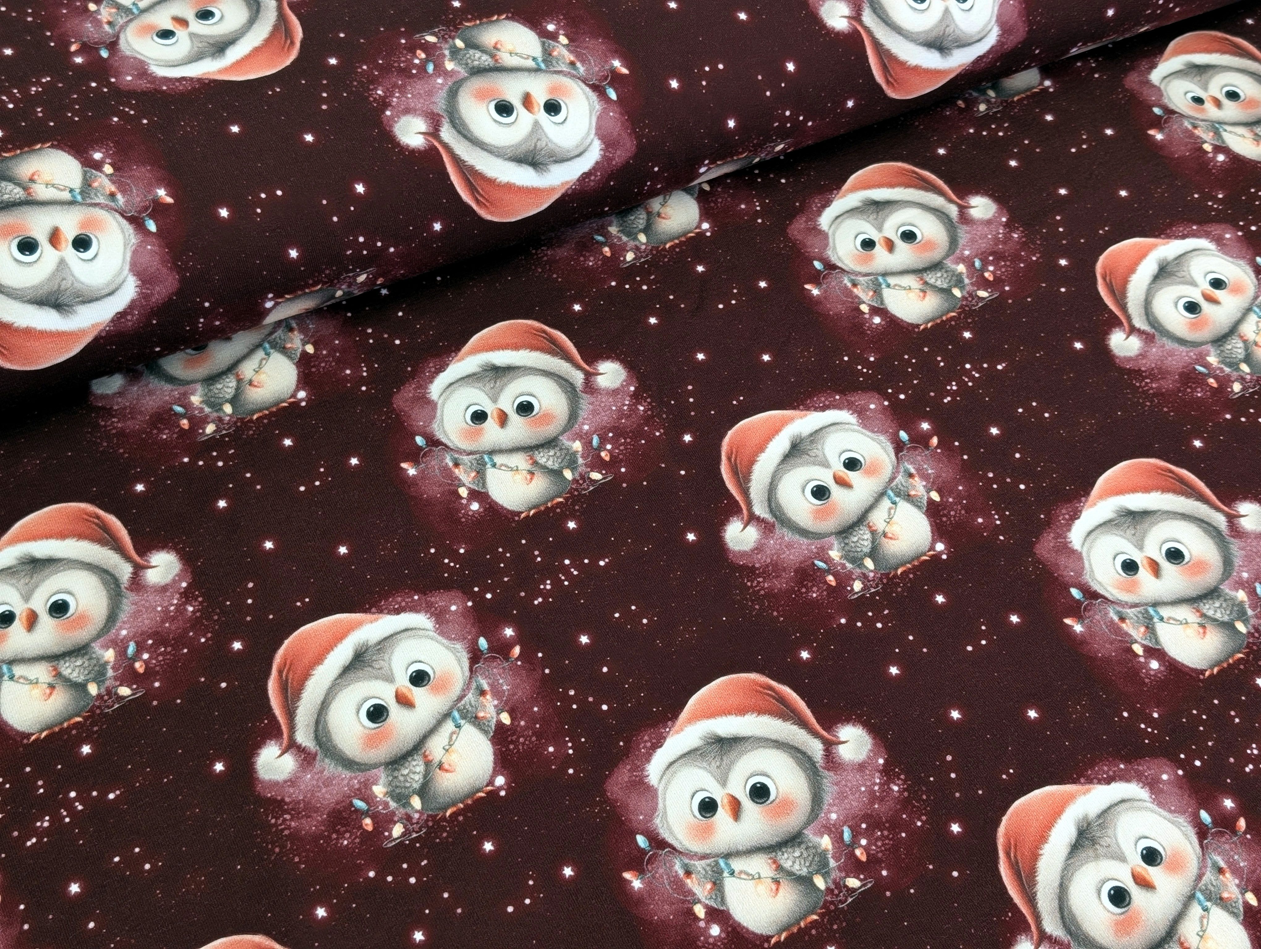Corileo Stoff EP French Terry Weihnachts Eule auf Dunkelrot Stoff Meterware