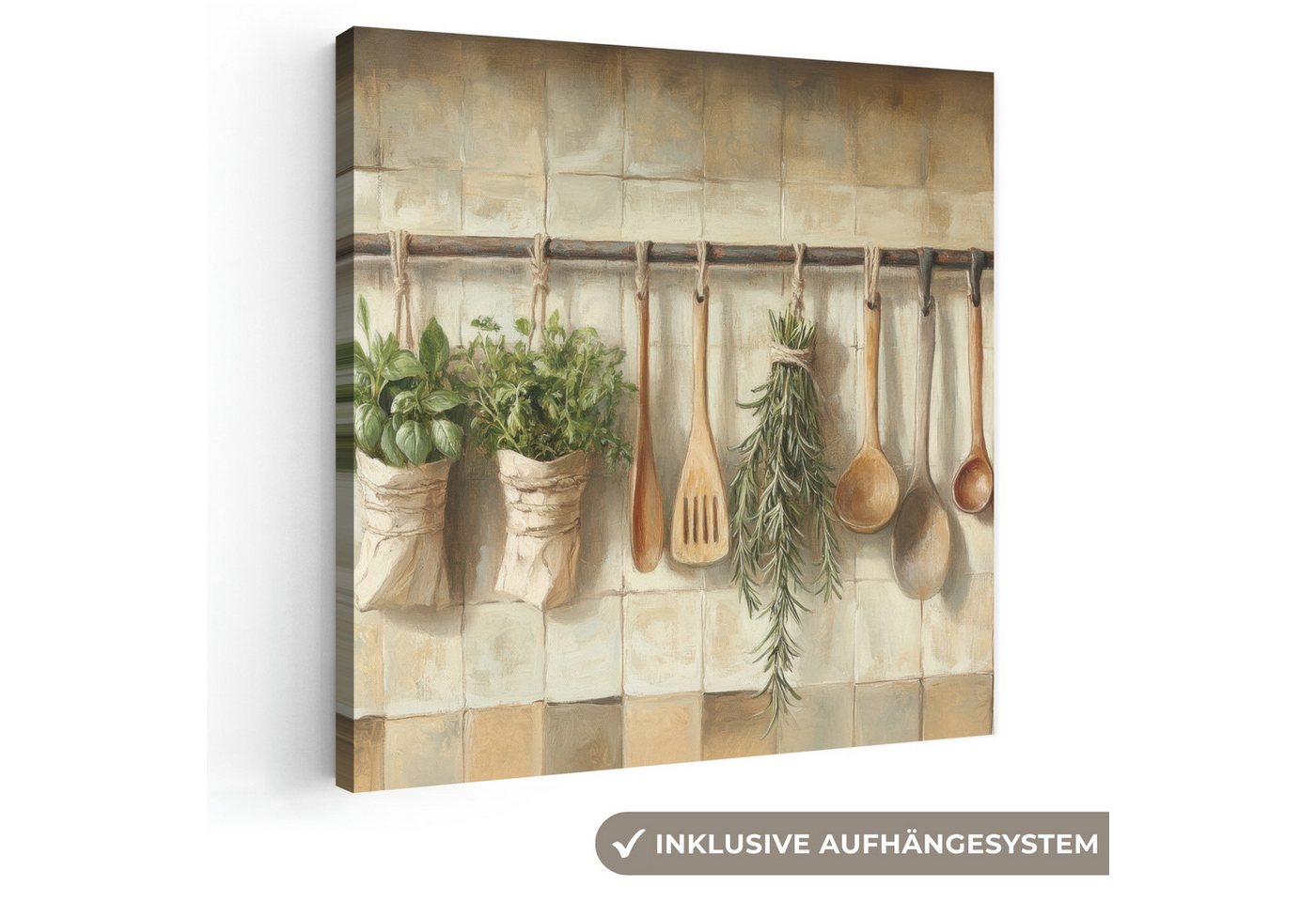 OneMillionCanvasses® Leinwandbild Holz - Küchengeräte - Stilleben - Kacheln, Fotodruck (1 St), Wandbild, Deko Schlafzimmer Wohnzimmer Flur 20x20 cm