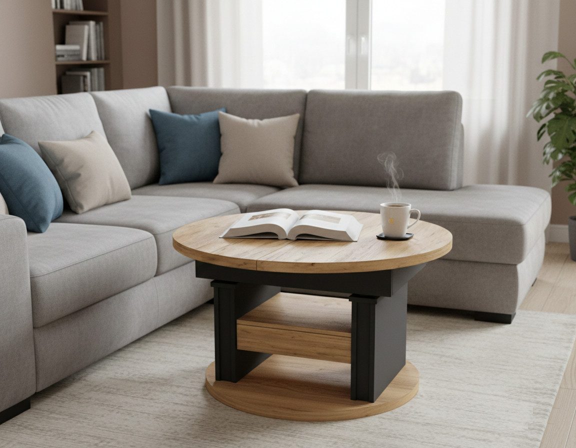 designimpex Couchtisch DA-999 rund ausziehbar höhenverstellbar mit Schublade Wohnzimmer Tisch, Funktionstisch, Wohnzimmertisch, Tisch, Esstisch, Sofatisch – Bild 2 von 5