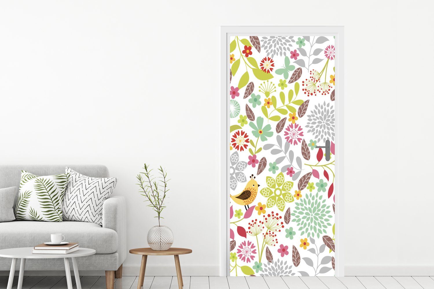 MuchoWow Türtapete Illustration eines Blumenmusters (1 Vögeln, mit für 75x205 bedruckt, cm Tür, Matt, Fototapete Türaufkleber, St)
