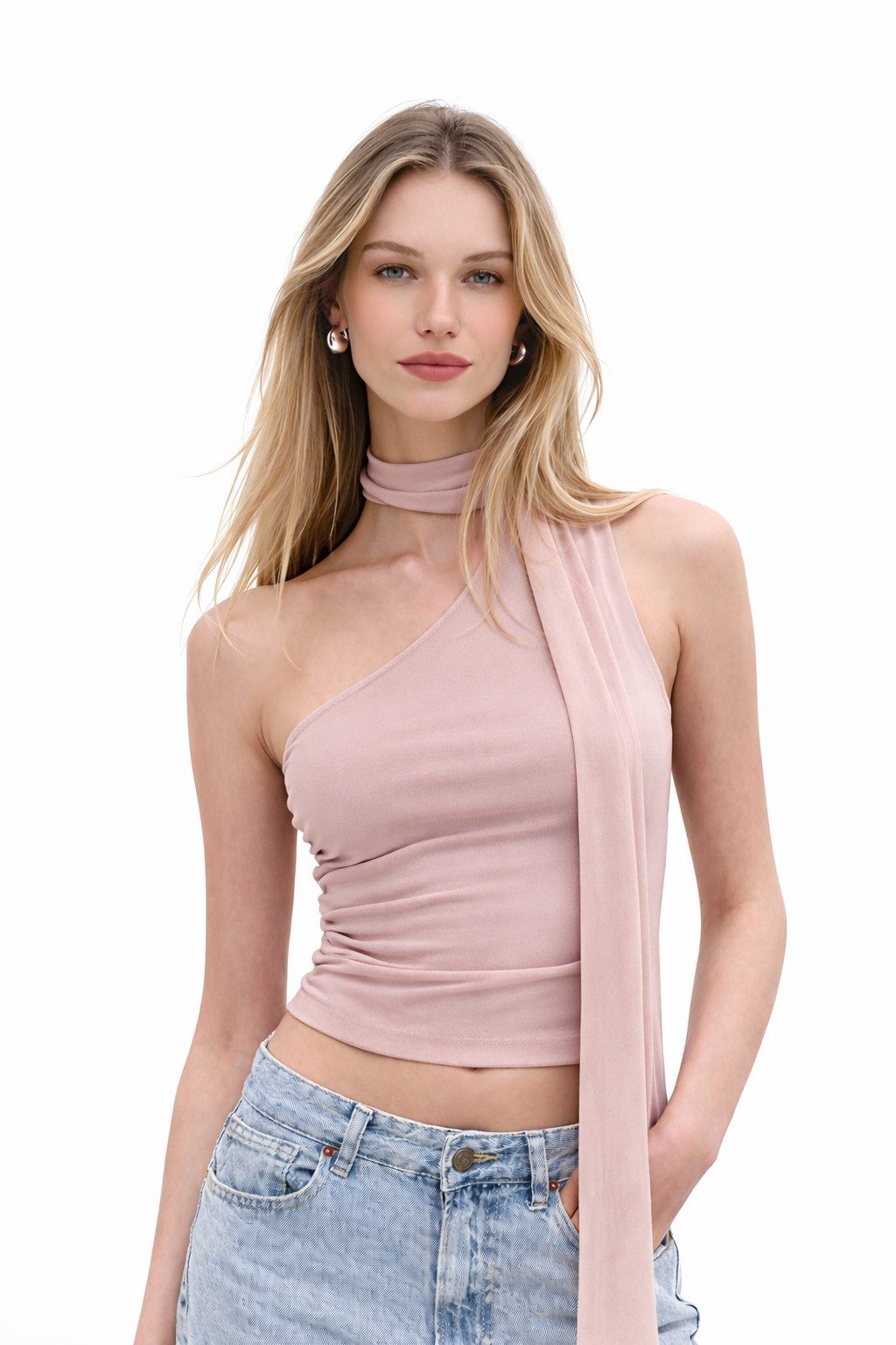 Blusentop Asymmetrische Bluse mit einem Träger und Schalkragen