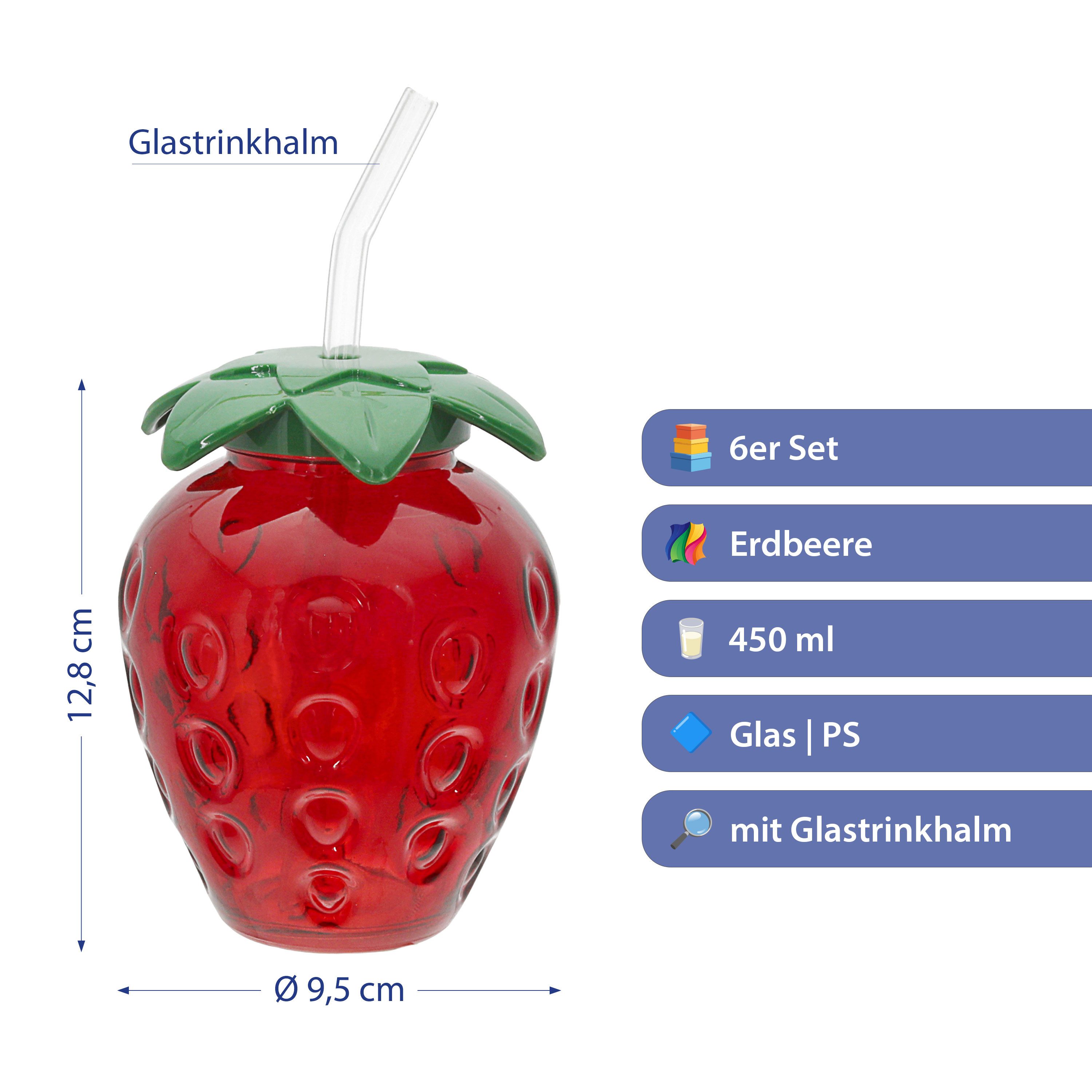 CEPEWA Deko-Glas Trinkglas Strawberry 6er Set Glastrinkhalm PS 450ml 9,5x13cm rot grün