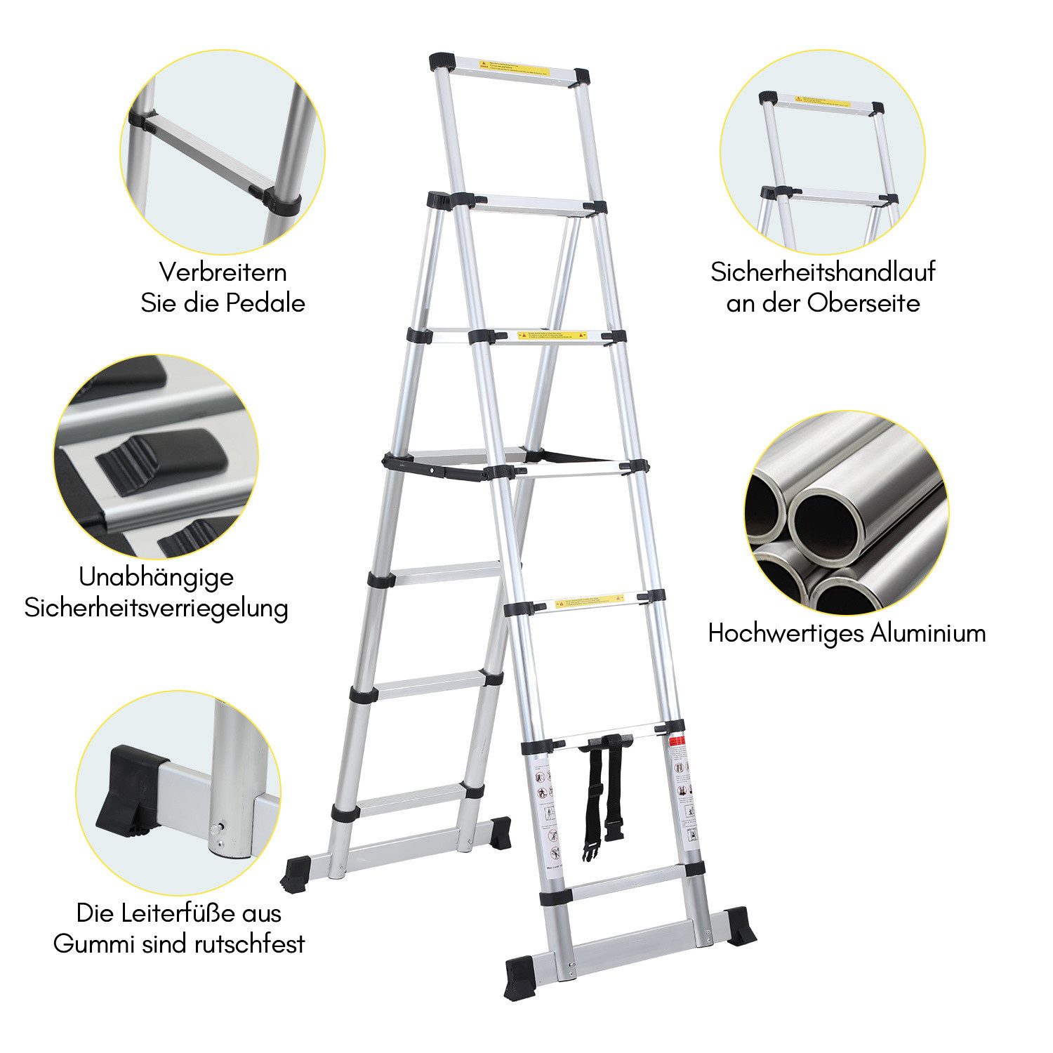 Clanmacy Premium Aluminum Telescopic Ladder, Extension Ladder, Folding Ladder, 2.0M Height, Silver (Telescopic Ladder, Extension Ladder, Folding Ladder, Sliding Ladder, Heavy-Duty Telescopic Ladder, High-Quality Aluminum Material), Effortless Portability, Independent Locking, Foolproof Operation
