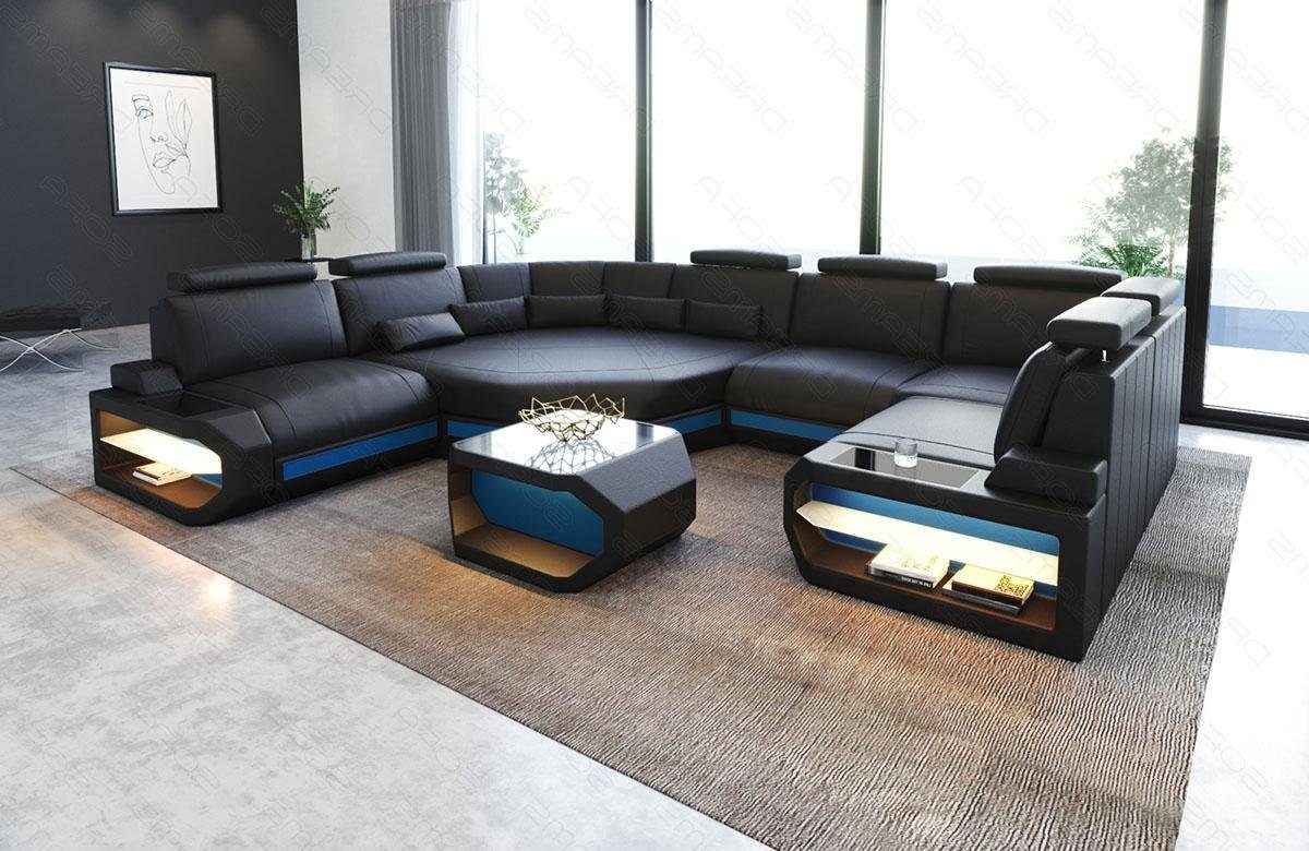 Sofa Dreams Wohnlandschaft Sofa Leder Asti U Mini, Couch, kleines U Form Ledersofa mit LED, Designersofa