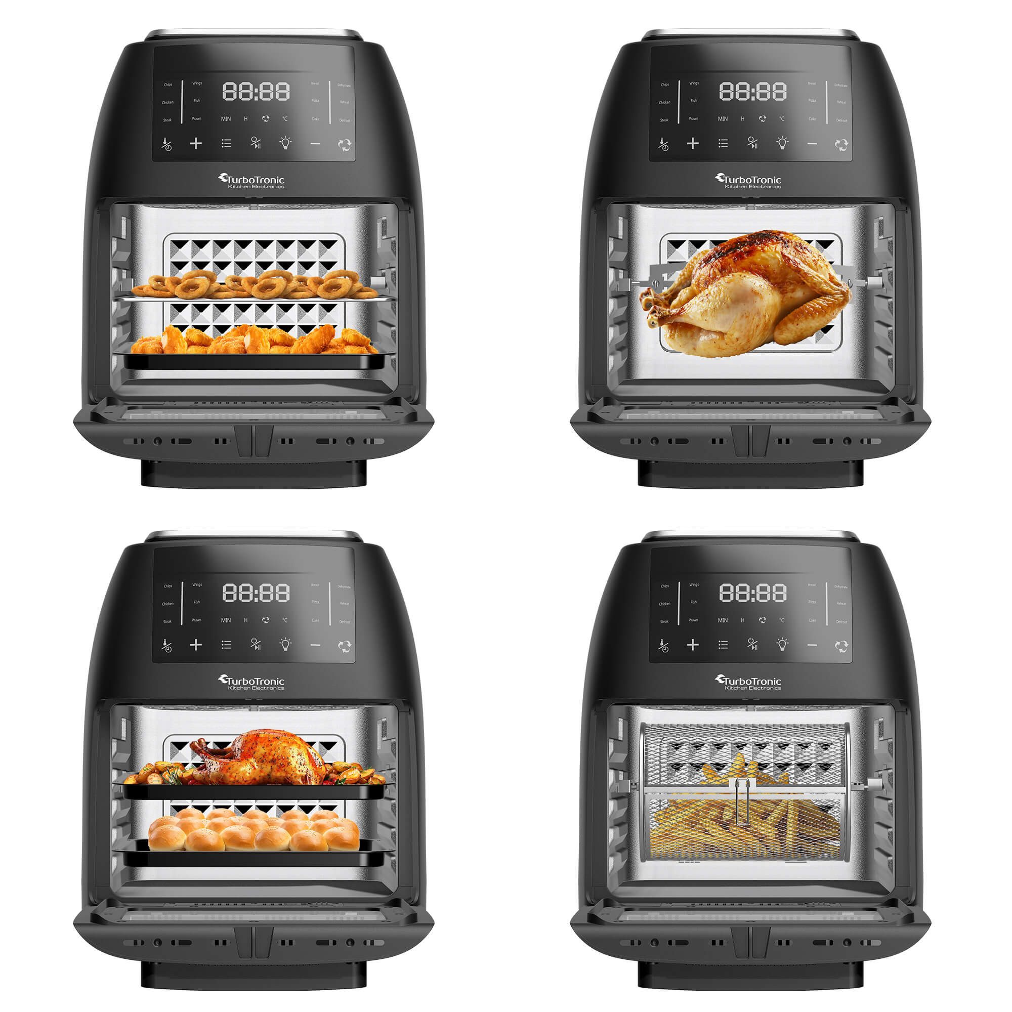 TurboTronic by Z-Line Heißluftfritteuse Airchef Pro XXL 12L Friteuse 1/2kg Pommes mit Drehkorb & Drehpieß, 2000 W