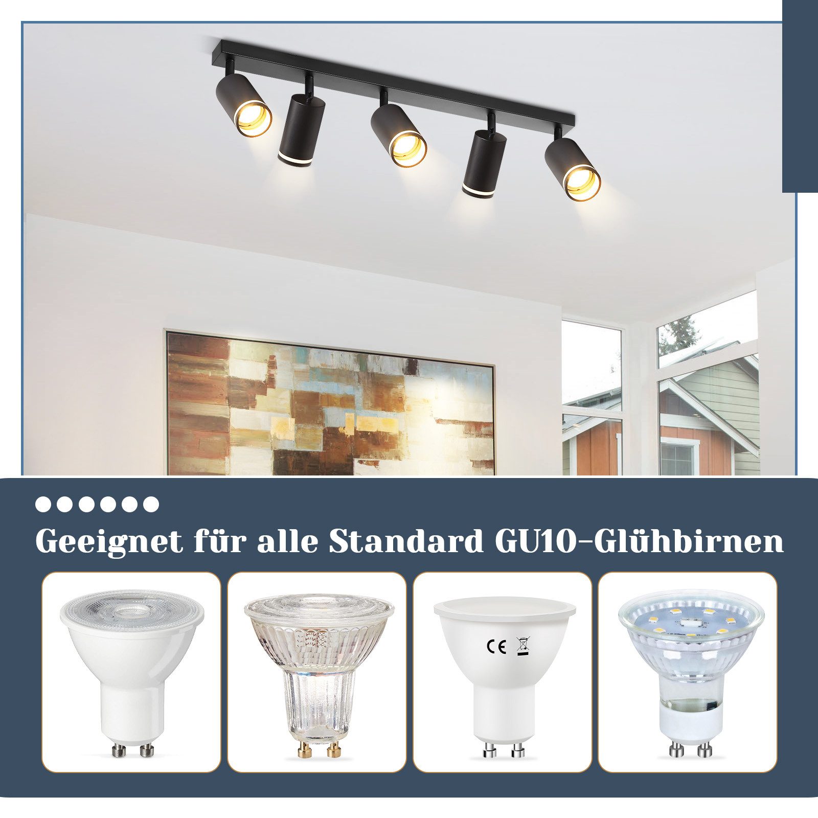 ZMH Deckenstrahler 5 Flammig Schwarz/Weiß GU10 Spots Deckenlampe für Schlafzimmer, Große Anwendungsbereichen, ohne Leuchtmittel, Flurlampe Einstellbar Innen Dec – Bild 4 von 5