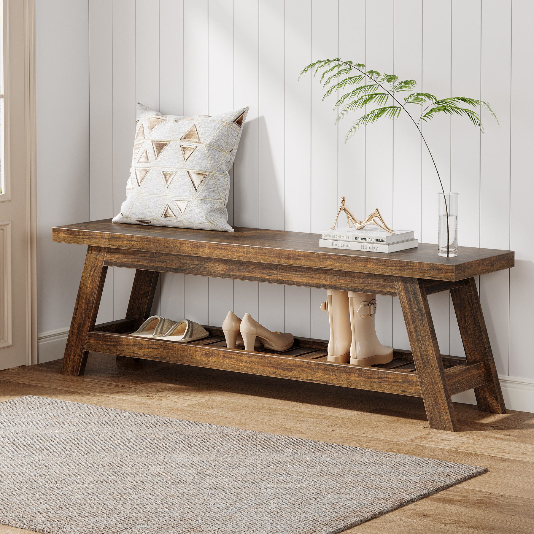Tribesigns Schuhbank 140 cm Eingangsbank mit Schuhablage, 2-stufig Sitzbänke mit Regalen
