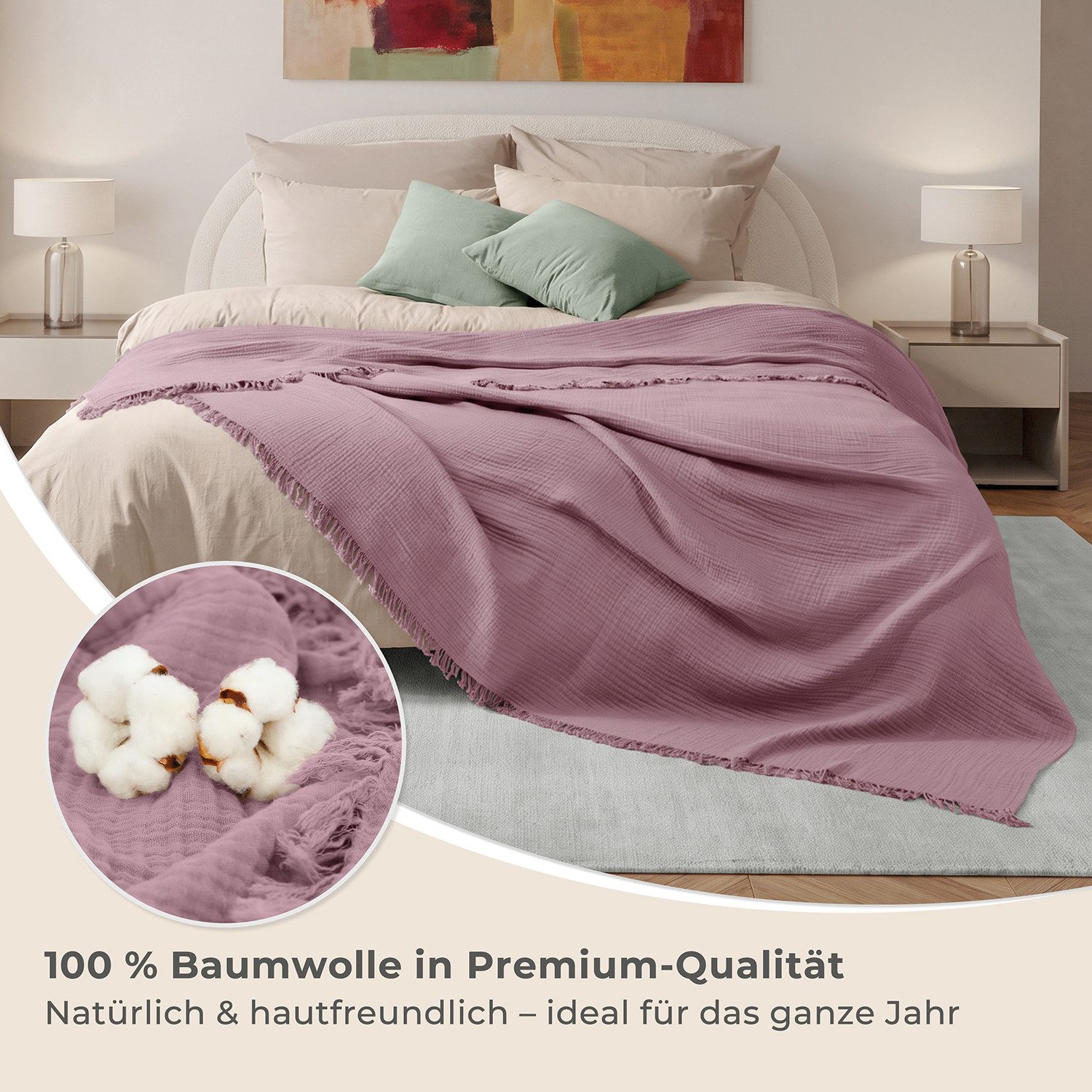Laynenburg Tagesdecke Musselin mit Fransen aus 100% Baumwolle – Baumwolldecke, Wohndecke als Sommerdecke, Bett-Überwurf, Sofa-Decke, Kuscheldecke – Bild 5 von 5