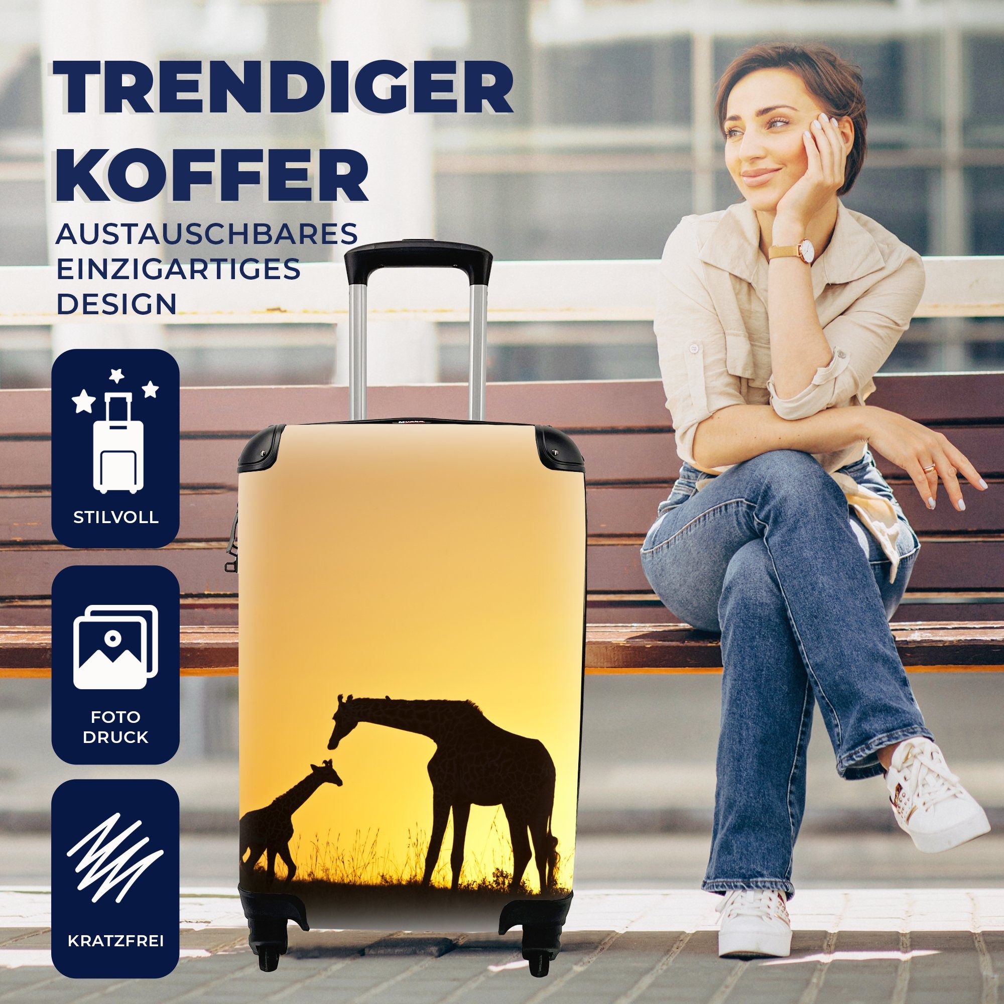 Trolley, Reisetasche Handgepäckkoffer 4 Reisekoffer - mit Scherenschnitt für Handgepäck rollen, Giraffe - MuchoWow Kalb, Ferien, Rollen,
