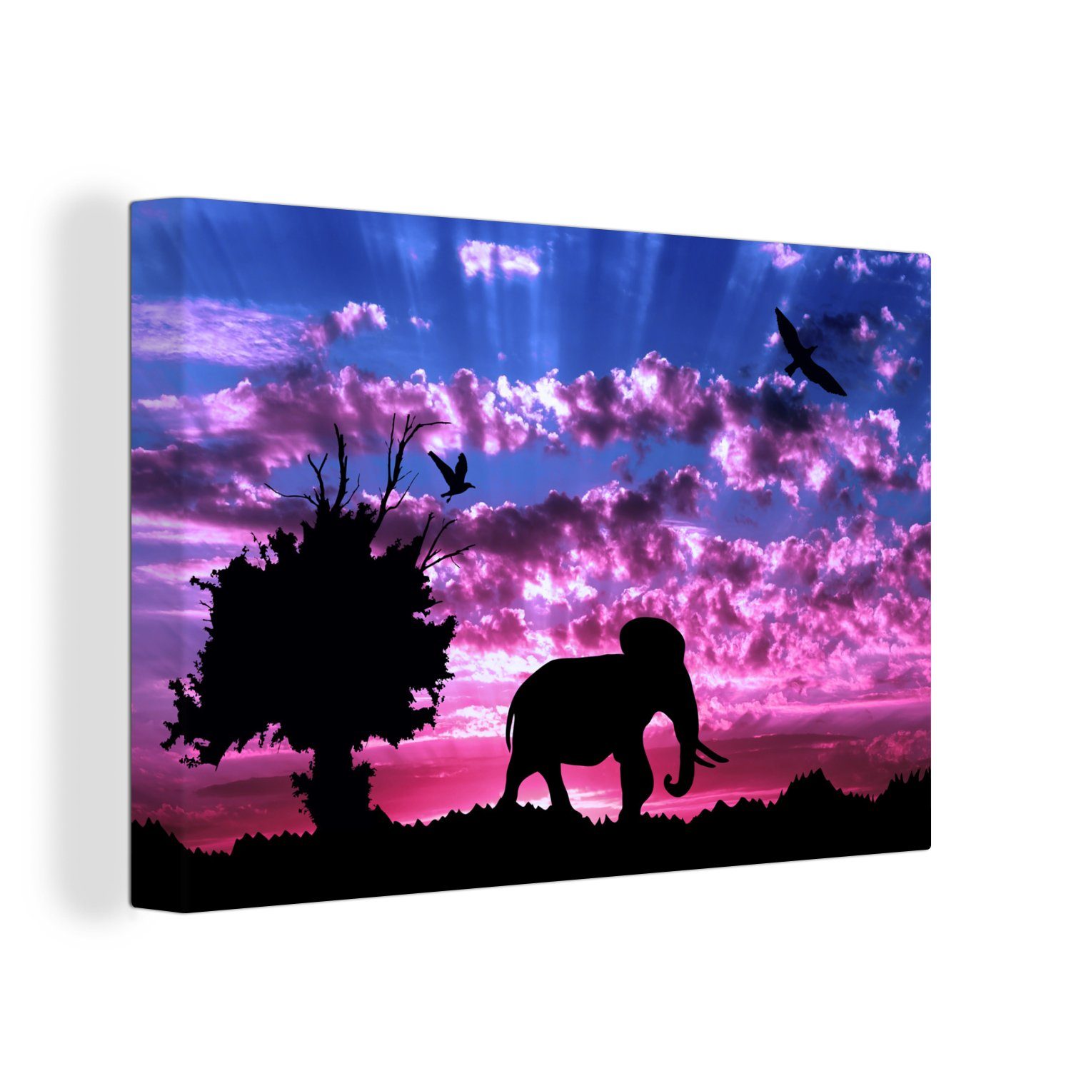OneMillionCanvasses® Leinwandbild Elefant - Vogel - Baum, (1 St), Wandbild Leinwandbilder, Aufhängefertig, Wanddeko, 30x20 cm