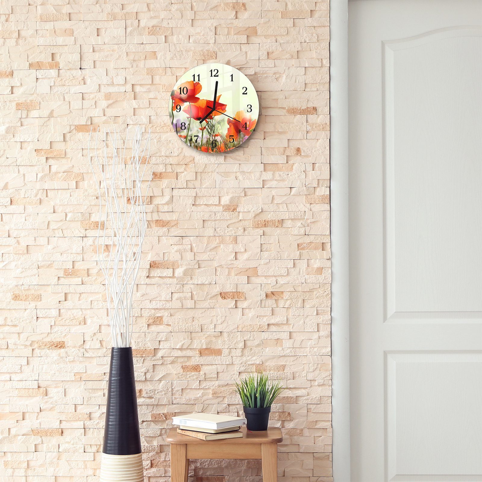 Durchmesser und - Rund Quarzuhrwerk Wanduhr Malerische aus cm Primedeco Wanduhr mit 30 mit Glas Motiv Blumen