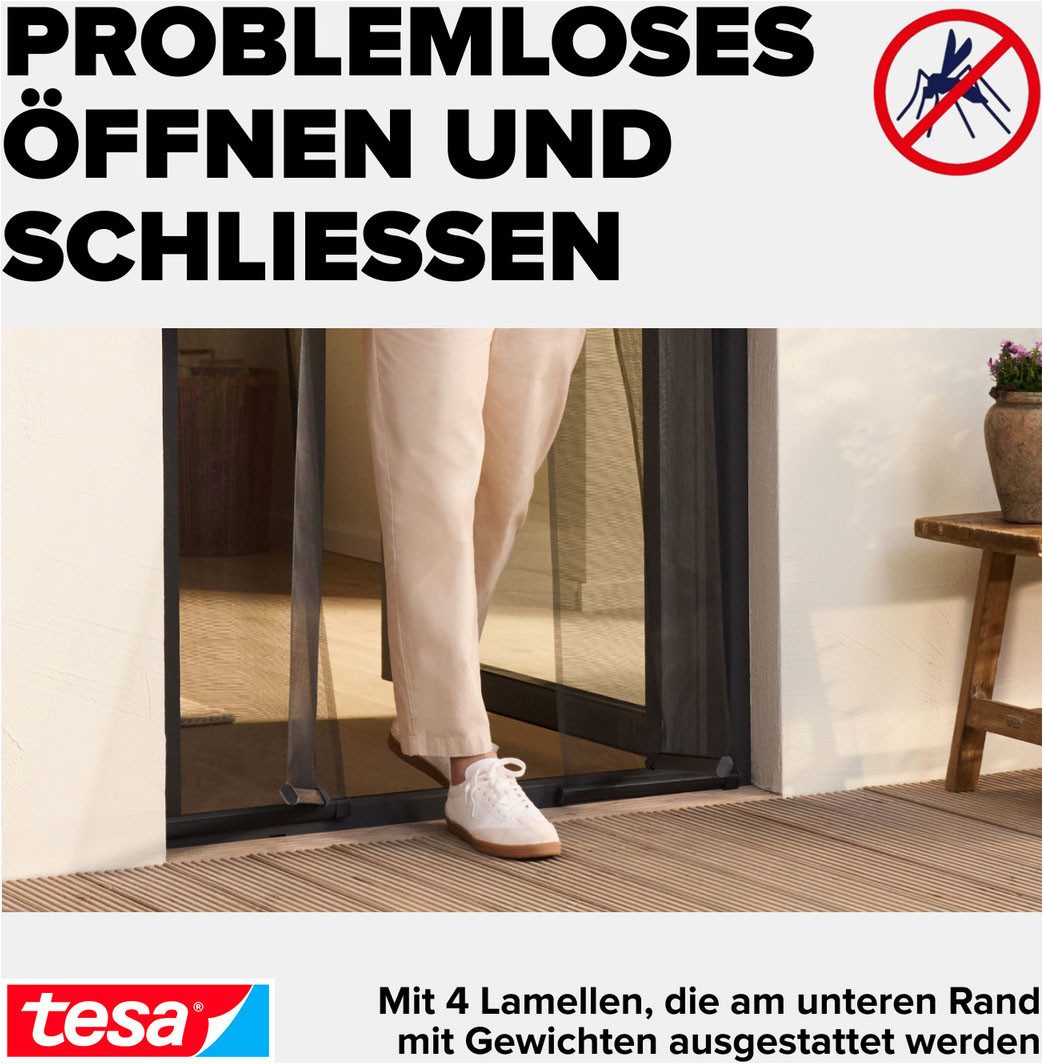 tesa Insektenschutz-Tür Insect Stop Standard Fliegengitter für Türen - 0.95 m : 2.2 m, (Packung, 1-St., Fliegennetz, Klettband), Lamellentür für Balkon & Terrasse